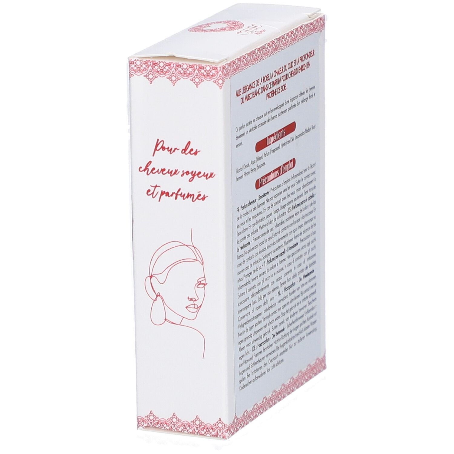 Boîte blanche avec texte et illustration. Texte en français. Contient ingrédients et instructions d'utilisation. Avec autocollant rouge.