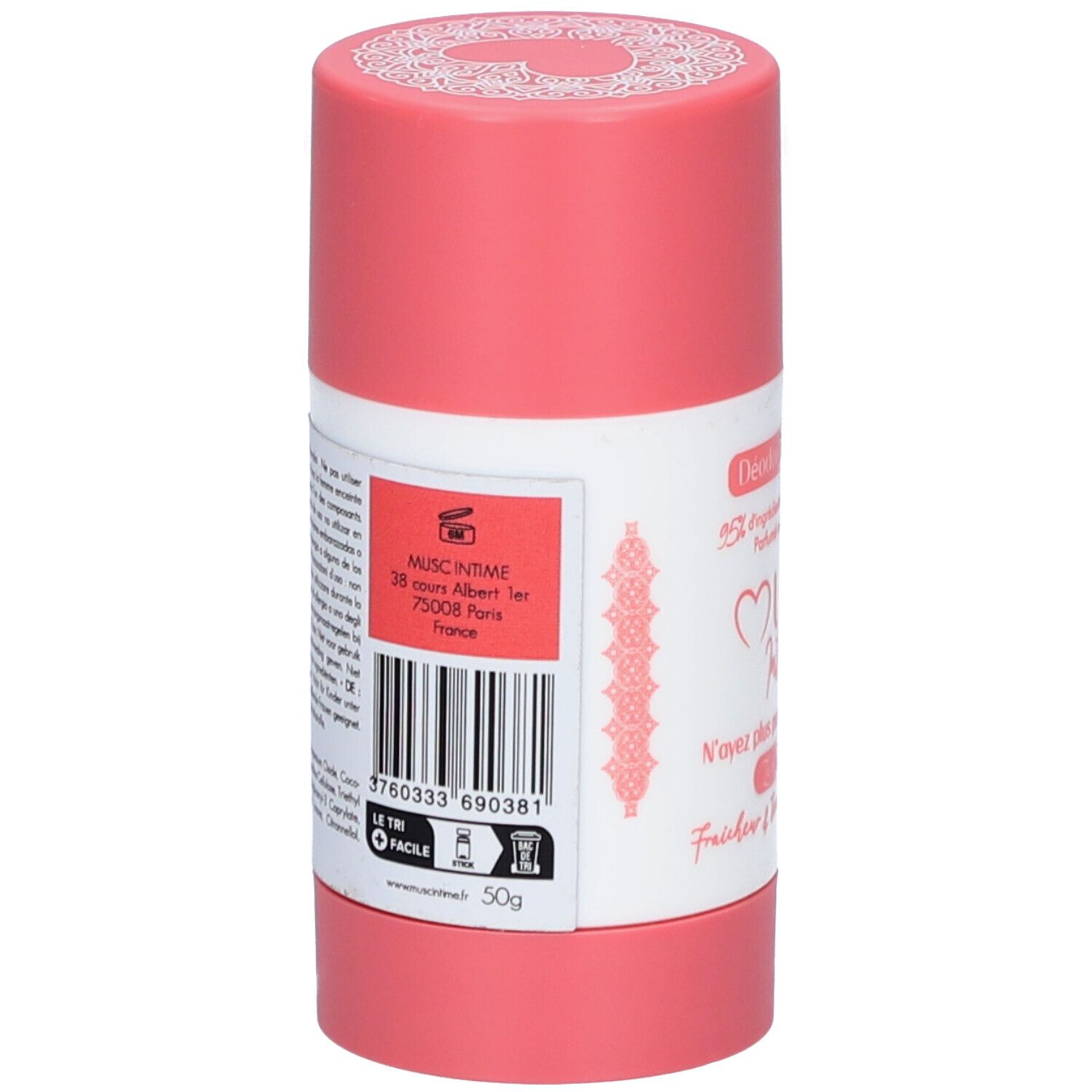 Stick de déodorant, vue arrière. Étiquette avec texte: Musc Intime, adresse, code-barres, 50g, et pictogrammes.
