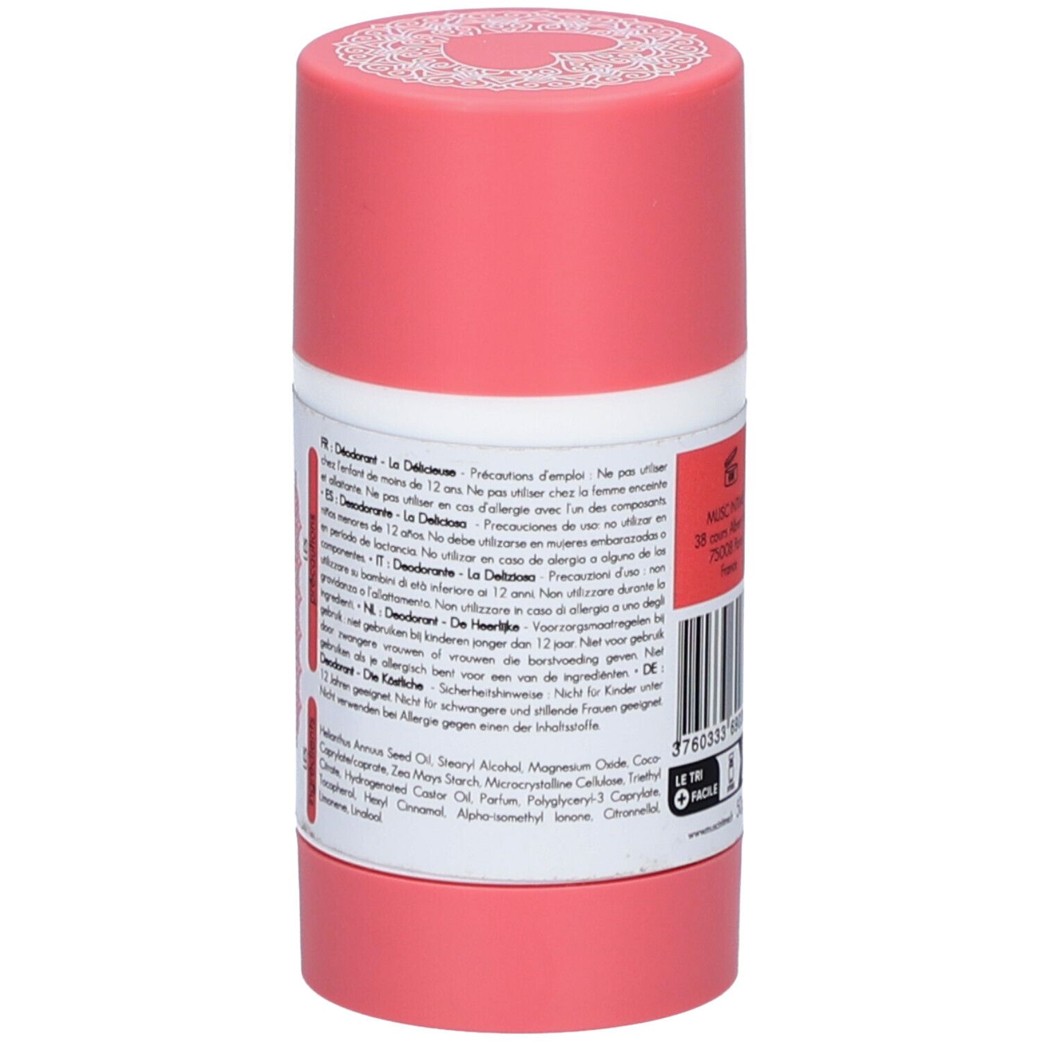 Stick de déodorant, vue arrière. Étiquette avec texte multilingue, ingrédients et avertissements.