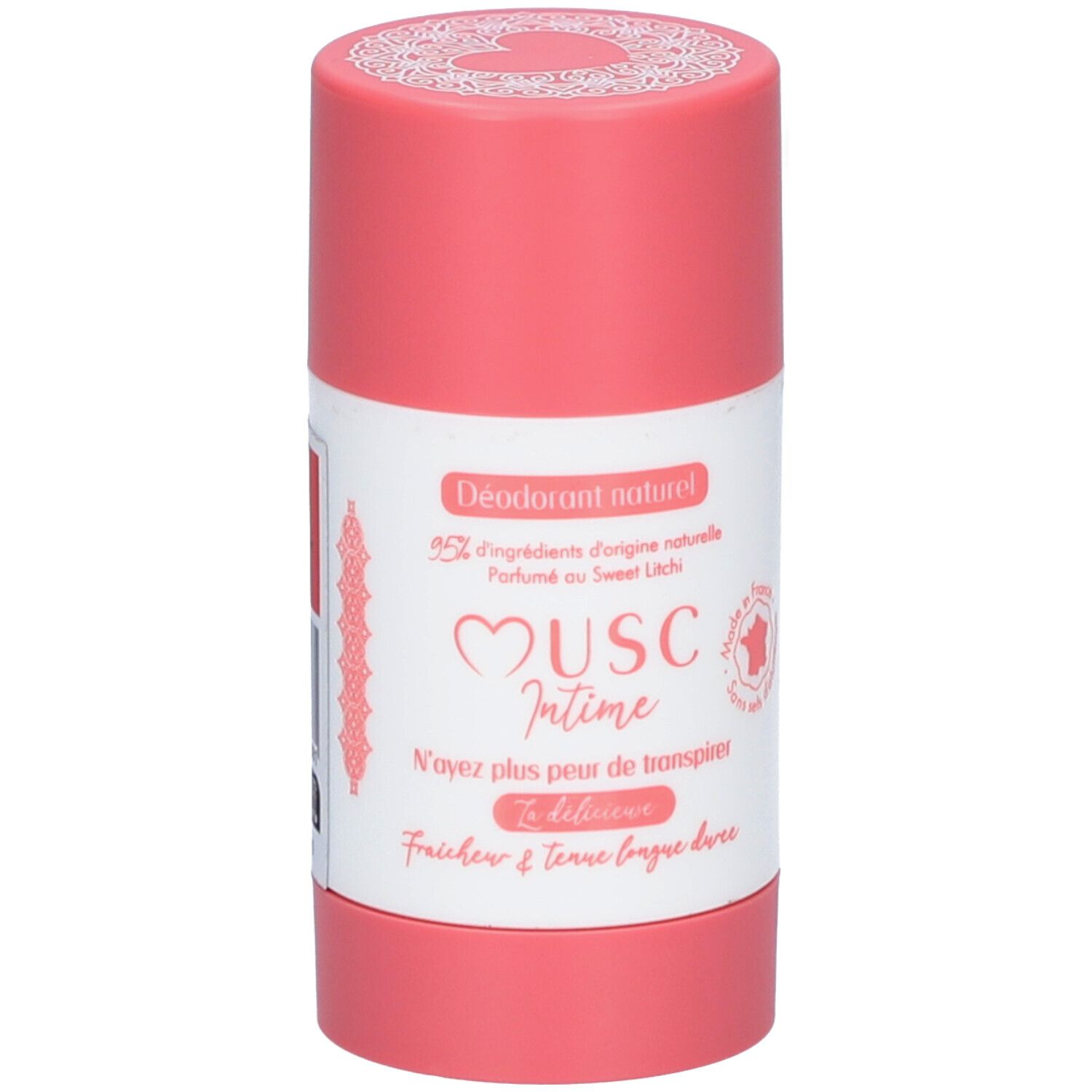 Stick de déodorant rose. Étiquette avec texte: Musc Intime, Déodorant naturel, 95% ingrédients d'origine naturelle.