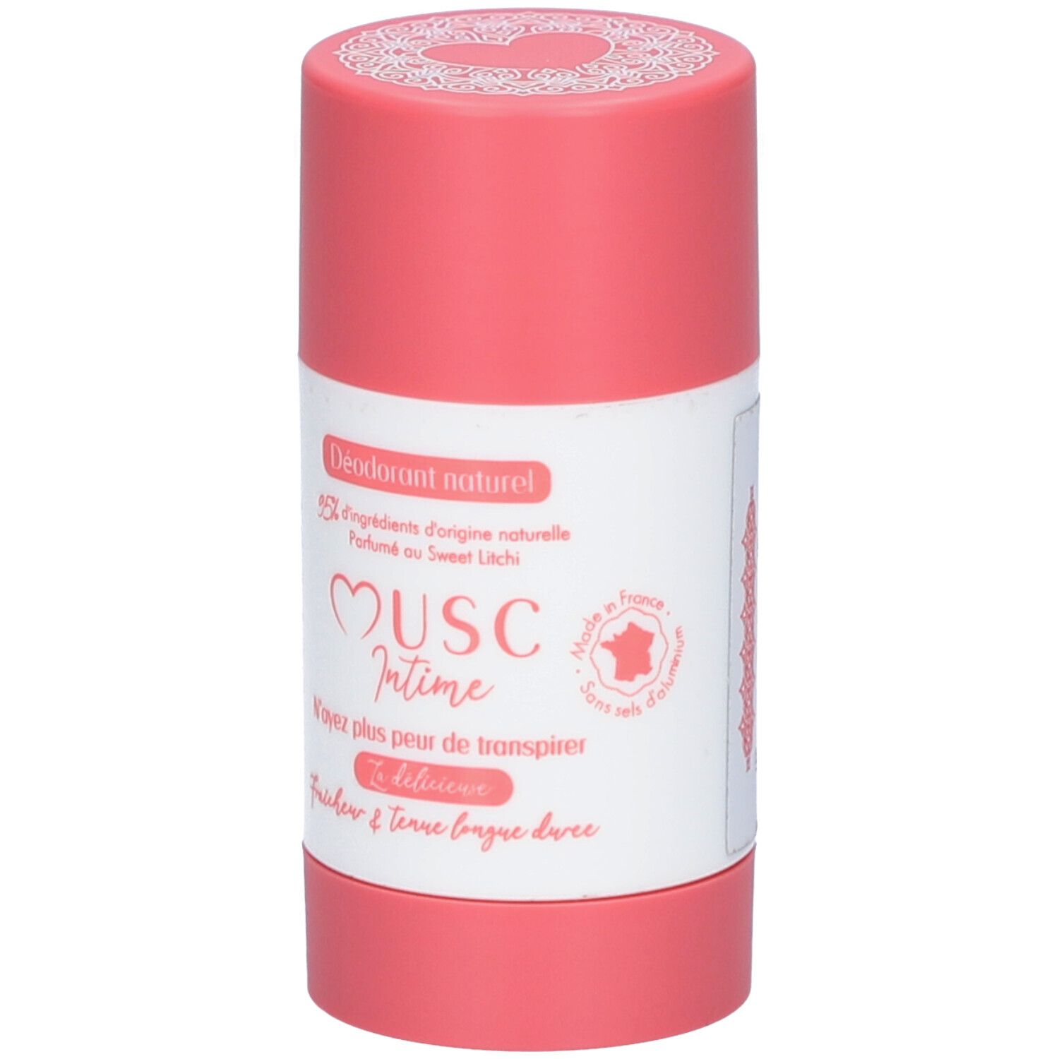 Stick de déodorant rose. Étiquette avec texte: Musc Intime, Déodorant naturel, 95% ingrédients d'origine naturelle.