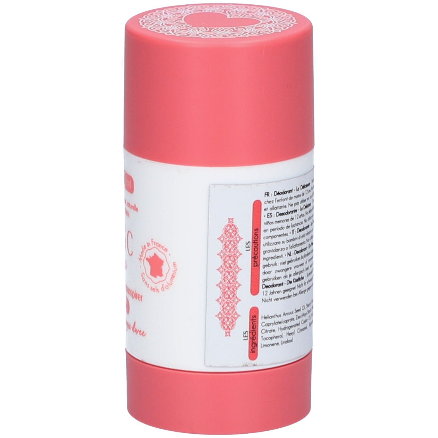 Stick de déodorant, vue arrière. Étiquette avec texte multilingue, ingrédients et avertissements.