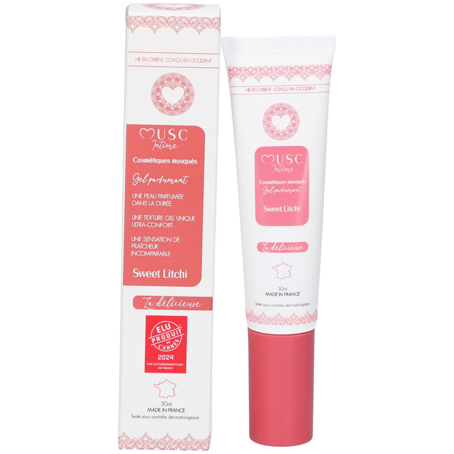 Emballage et tube. Emballage: blanc, texte rose. Tube: blanc, texte rose, bouchon rose. Sceau ELU.