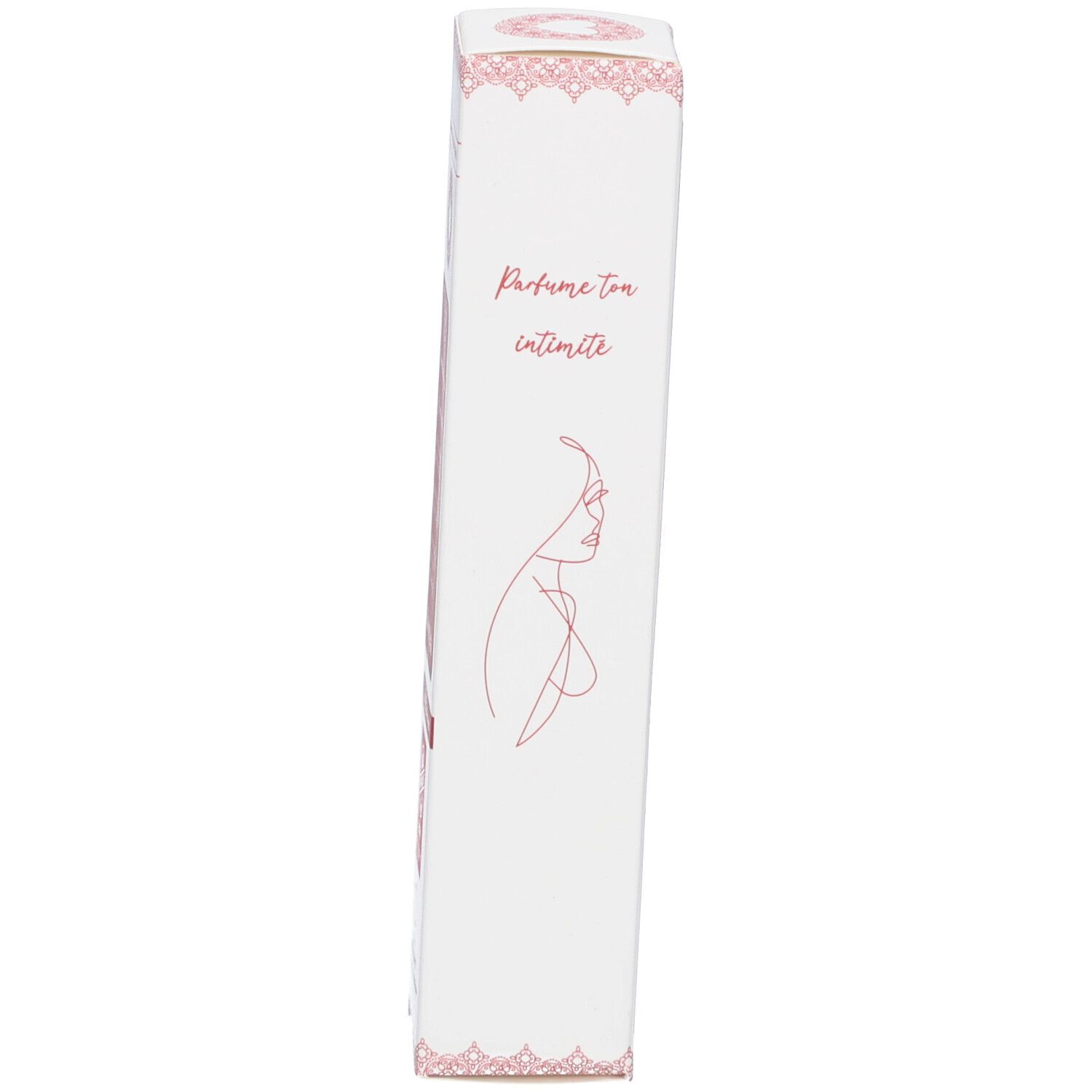 Emballage. Blanc avec texte rose. Inscription: Parfume ton intimité. Esquisse de femme. Ornements roses.