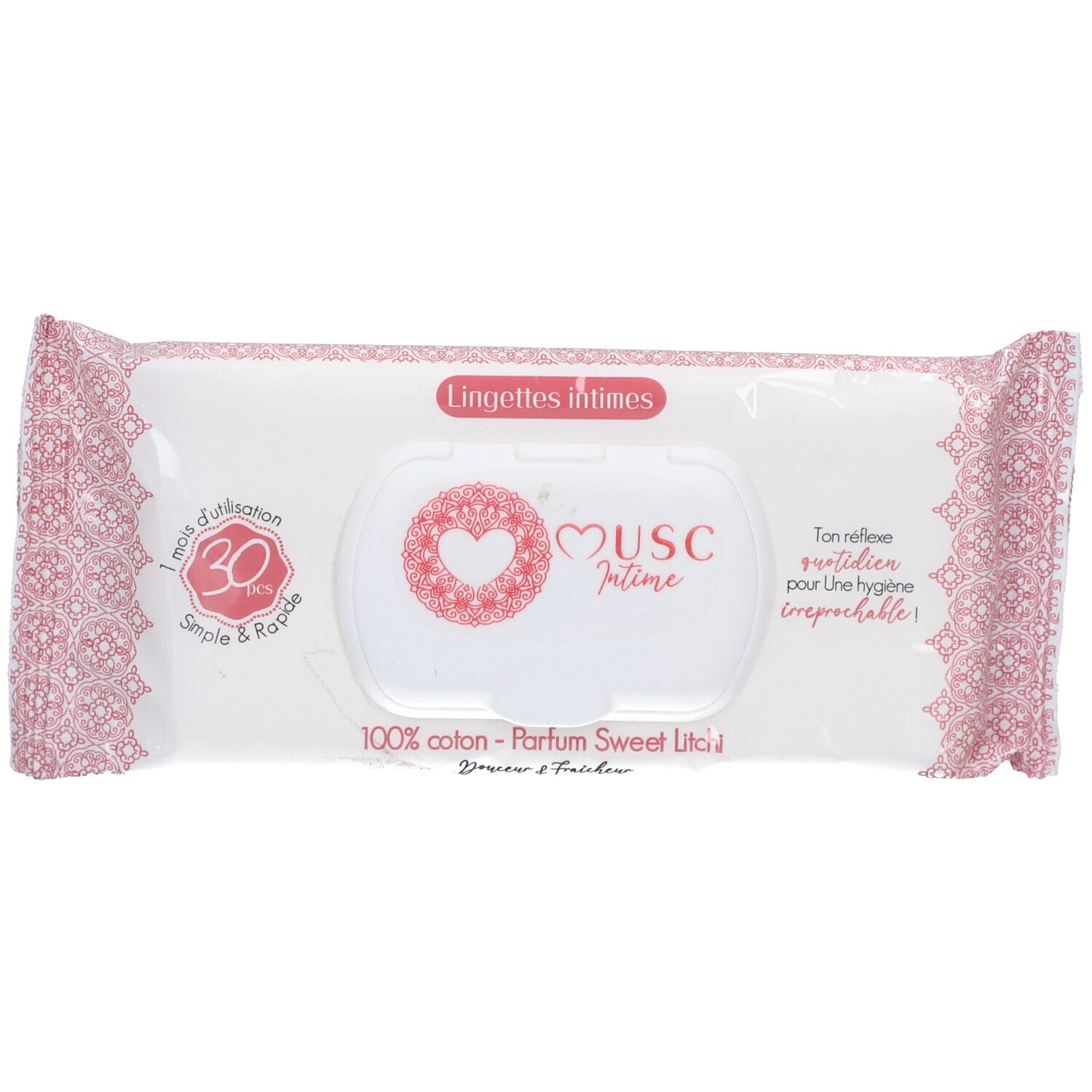 Paquet rose de lingettes intimes. Logo "Musc Intime". Inscription "100% coton - Parfum Sweet Litchi". 30 lingettes.