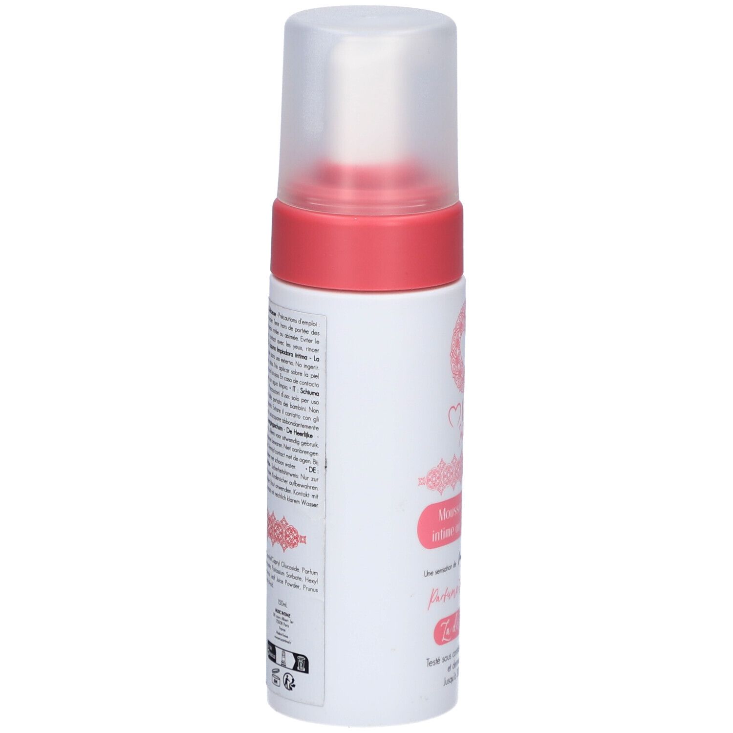 Flacon blanc avec éléments roses. Texte sur le côté. Pompe transparente.