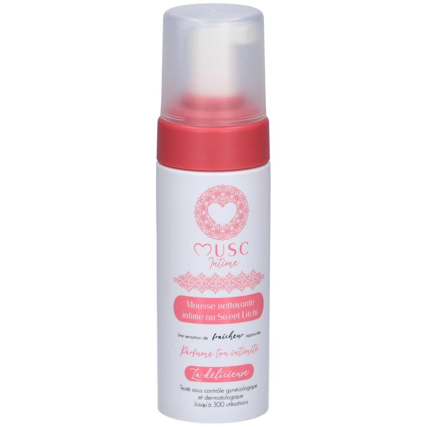 Flacon blanc et rose avec pompe. Inscription: Musc Intime, Mousse nettoyante intime au Sweet Litchi.