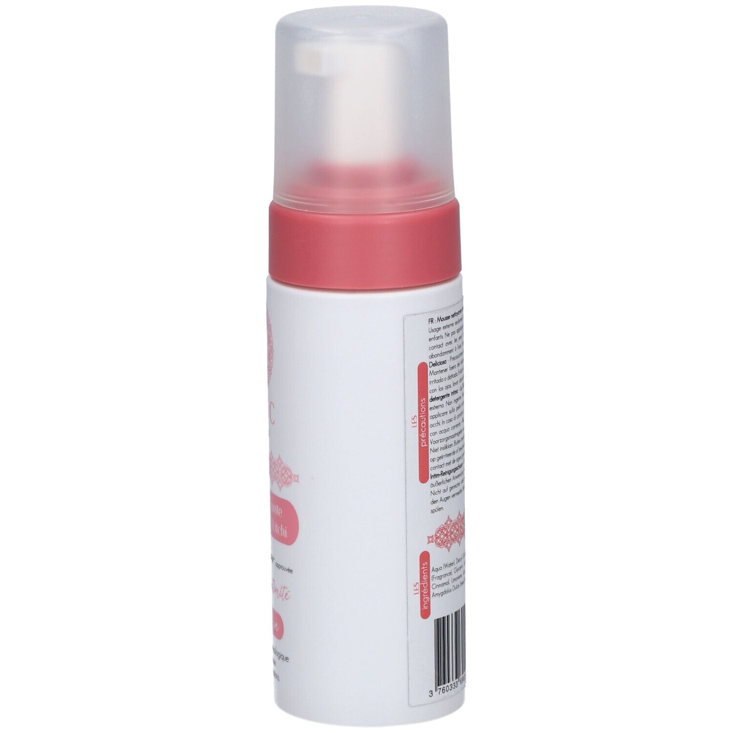 Flacon blanc avec éléments roses. Texte sur le côté. Pompe transparente.