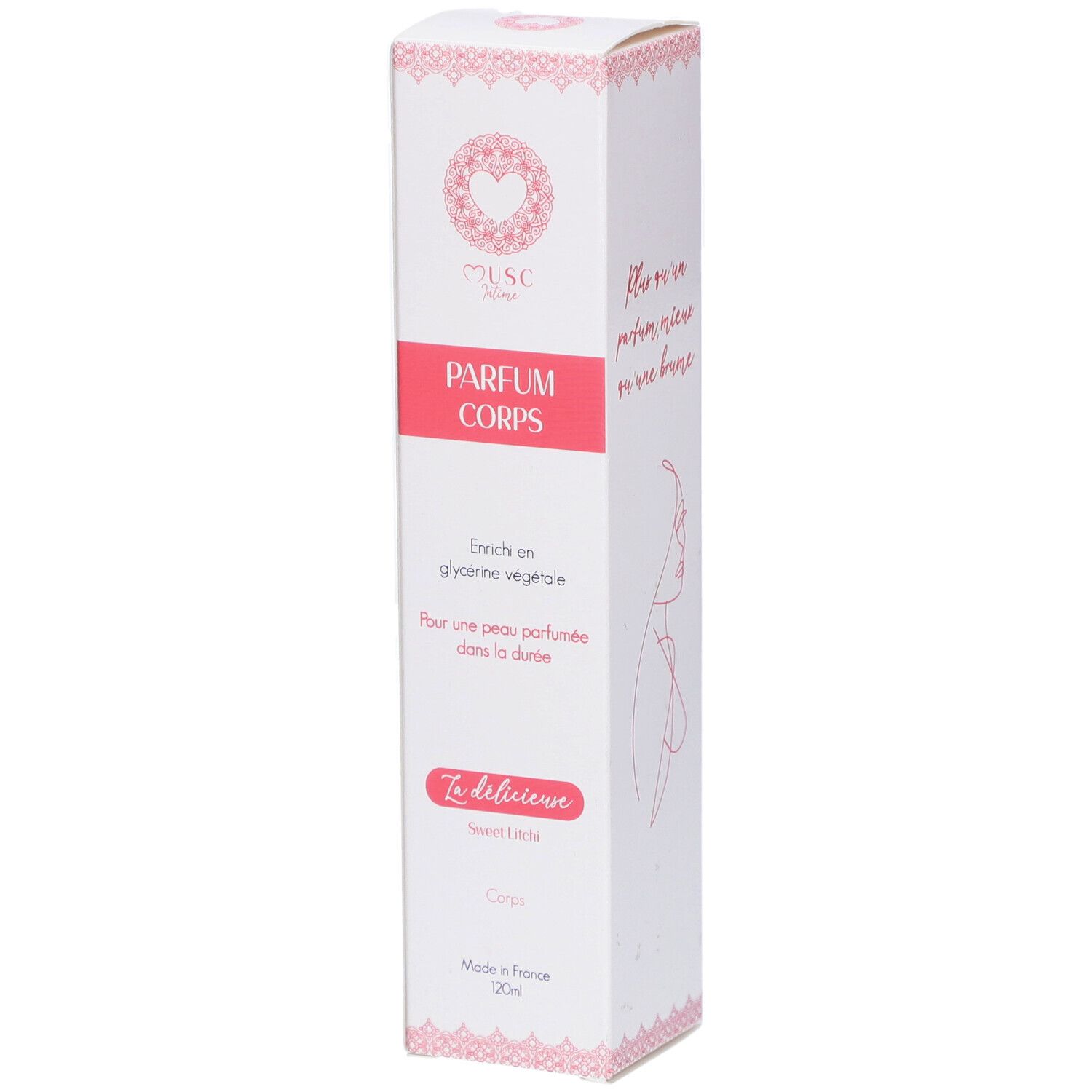 Boîte blanche avec accents roses. Inscription: PARFUM CORPS. Marque: MUSC Intime. Texte: Sweet Litchi. Fabriqué en France.