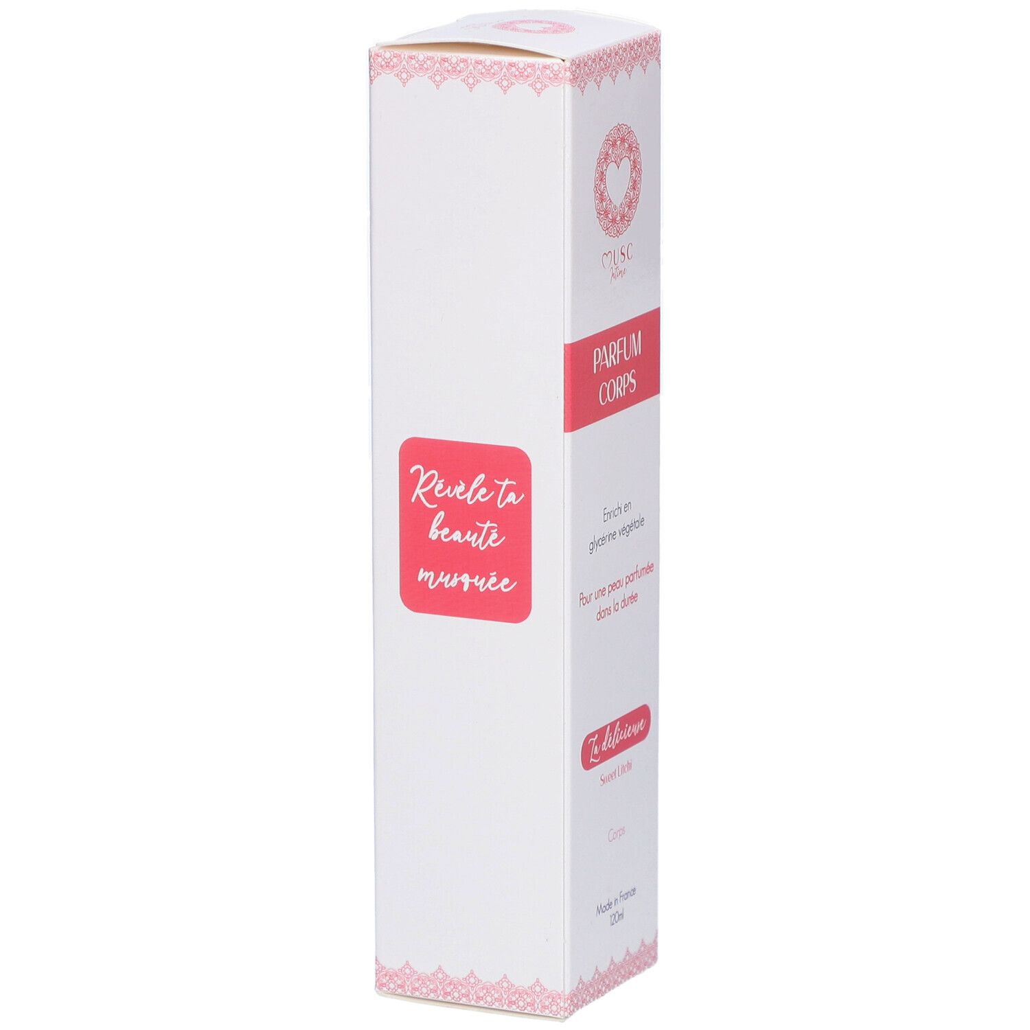 Boîte blanche avec accents roses. Inscription: PARFUM CORPS. Marque: MUSC Intime. Texte: Sweet Litchi. Fabriqué en France.