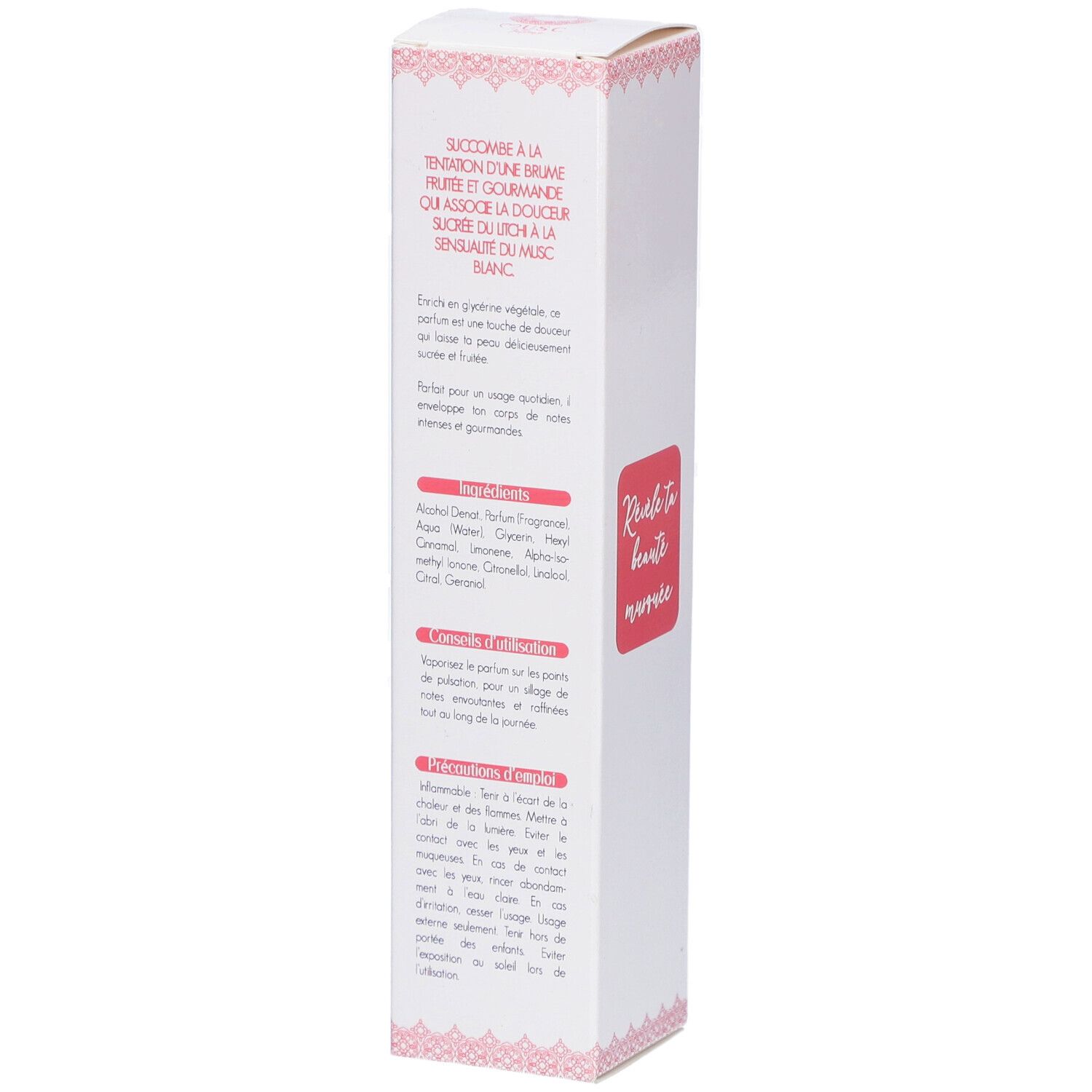 Boîte blanche avec accents roses. Texte: Revele ta beaute musquee. Dos avec informations produit et ingrédients.