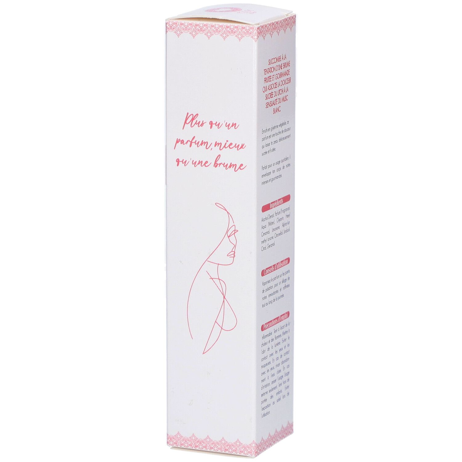 Boîte blanche avec accents roses. Texte et illustration au dos. Informations produit.