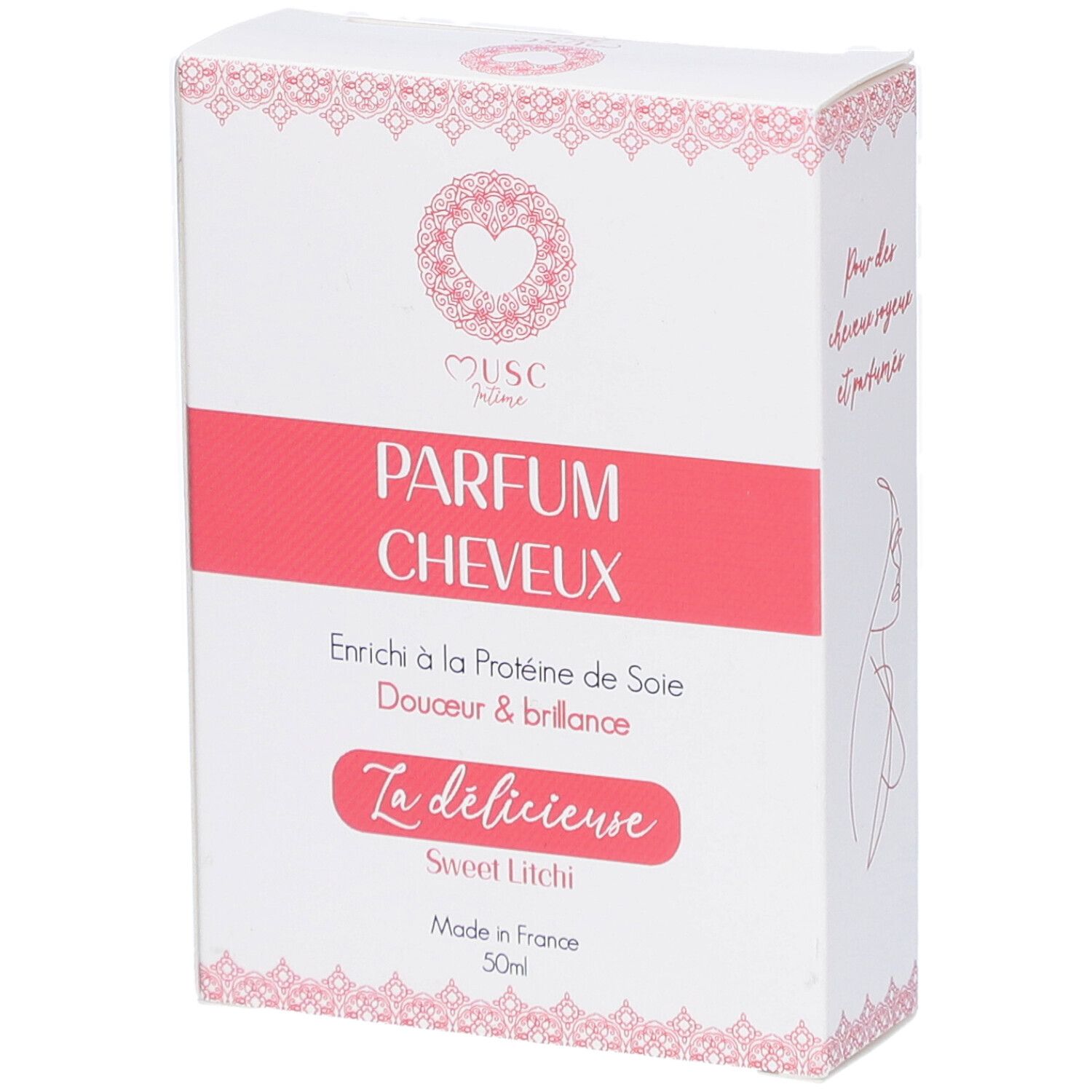 Boîte blanche et rose. Texte: "Musc Intime Parfum Cheveux". "La délicieuse Sweet Litchi". Fabriqué en France. 50ml.