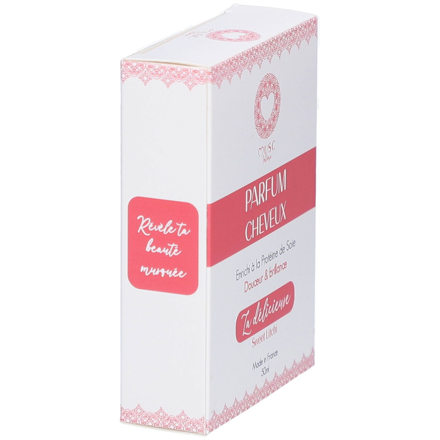 Boîte blanche et rose. Texte: "Musc Intime Parfum Cheveux". "La délicieuse Sweet Litchi". Fabriqué en France. 50ml.