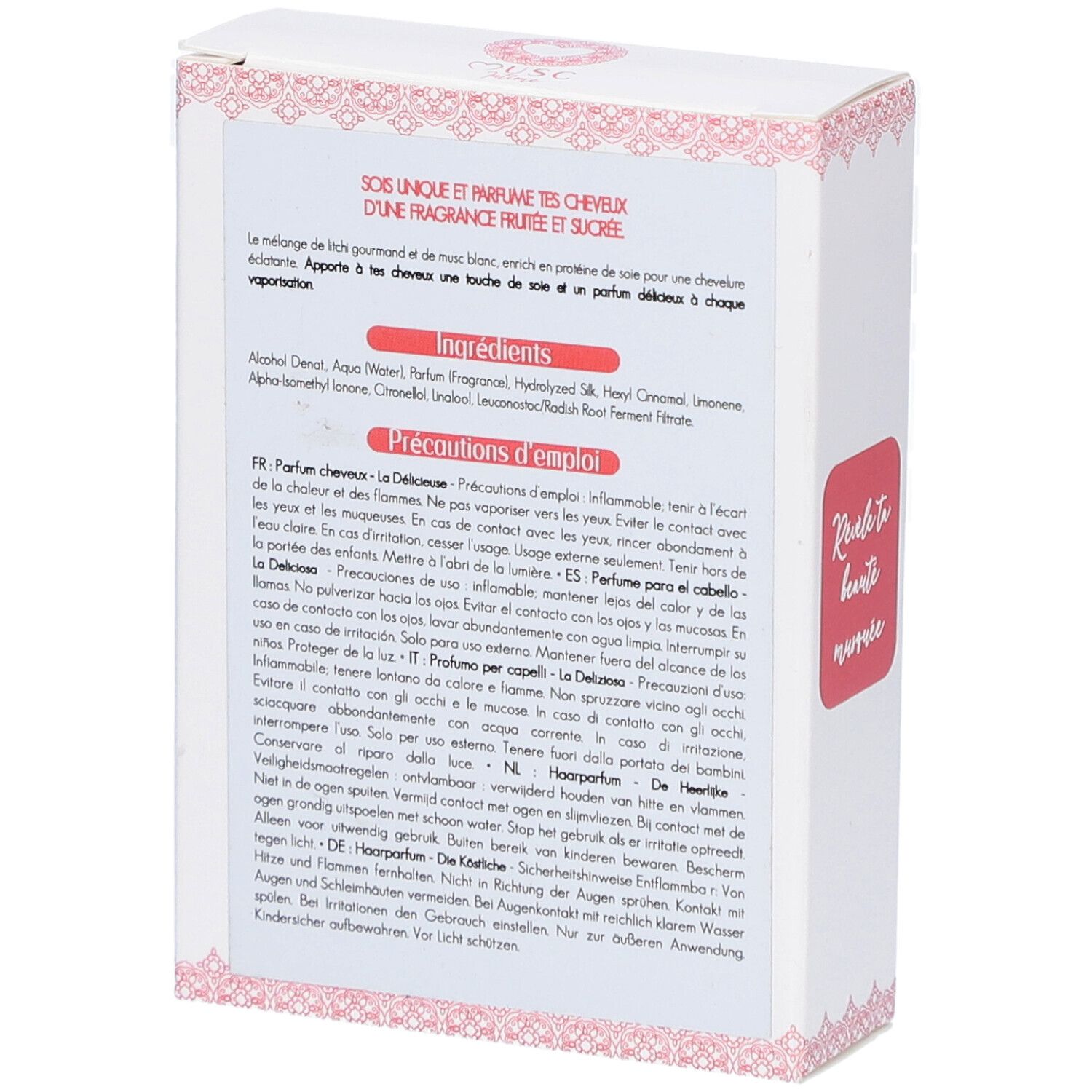 Dos de la boîte. Texte: Ingrédients, conseils d'utilisation en plusieurs langues. Design rose et blanc.