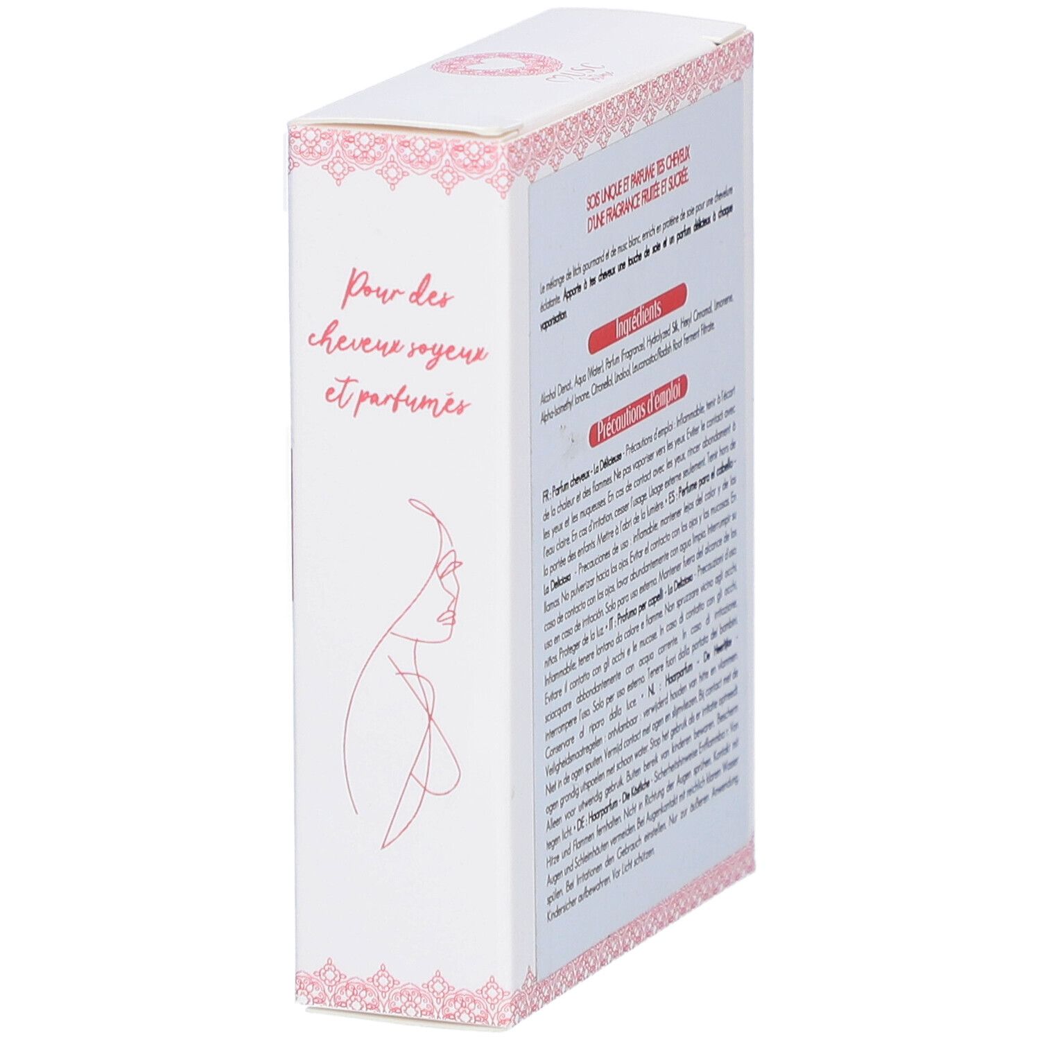 Côté de la boîte. Texte: "Pour des cheveux soyeux et parfumés". Design rose et blanc. Silhouette féminine.