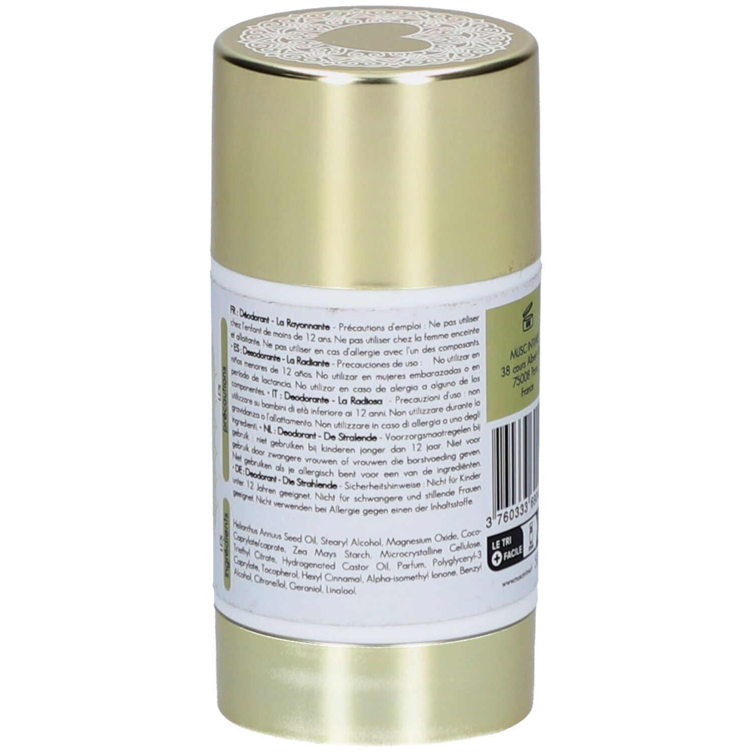 Dos du stick déodorant. Texte multilingue, ingrédients et précautions visibles.