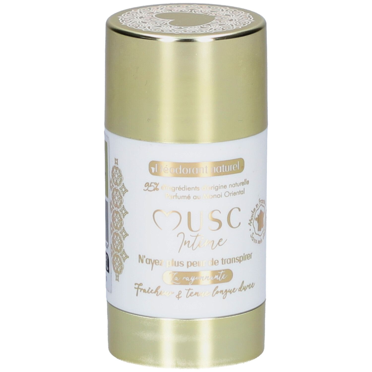Stick déodorant, capuchon doré. Étiquette blanche avec nom et texte du produit. "Musc Intime" est visible.