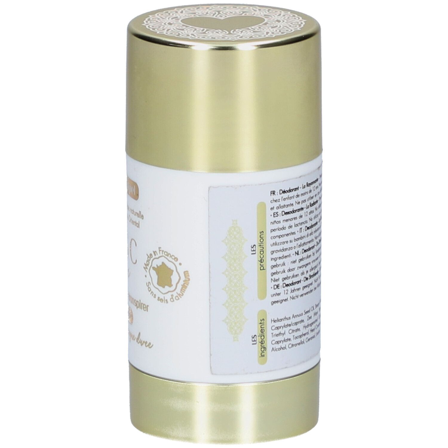 Dos du stick déodorant. Texte, ingrédients et labels d'origine visibles. "Musc Intime" sur l'étiquette.