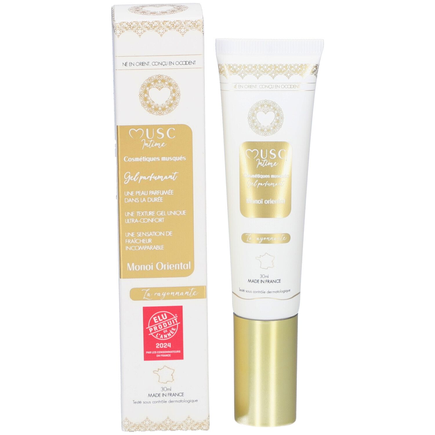 Emballage et tube. Inscription : Musc Intime, Gel parfumé, Monoï Oriental. Avec récompense.