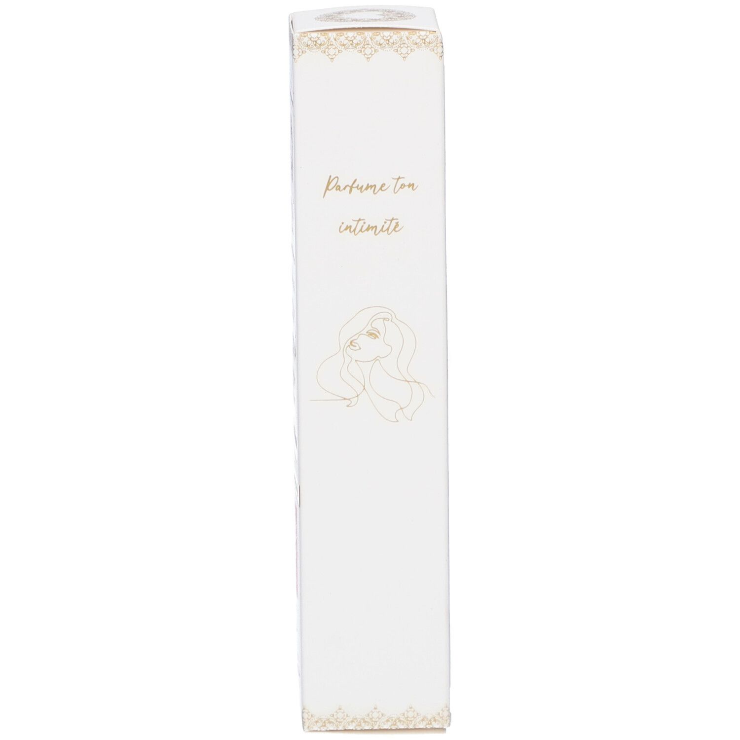 Emballage étroit. Inscription : Parfume ton intimité. Illustration d'une femme.