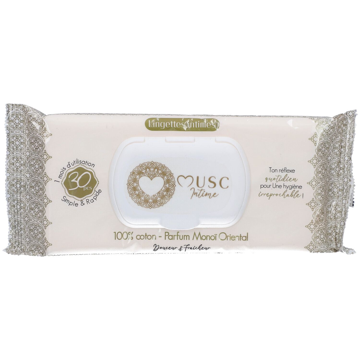 Paquet de lingettes intimes. Étui blanc avec inscription "Musc Intime". Ornements et texte dorés.