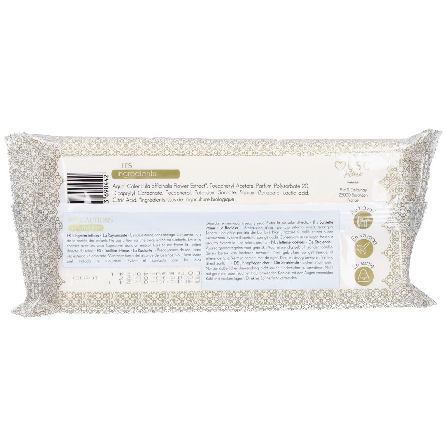 Dos du paquet de lingettes intimes. Texte avec ingrédients et mode d'emploi en plusieurs langues.