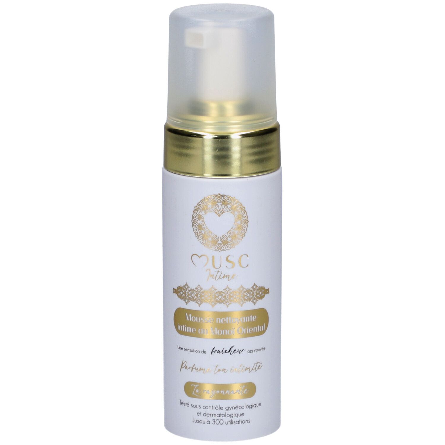Flacon blanc avec bague dorée et bouchon. Inscription: Musc Intime, Mousse Nettoyante Intime Monoi Oriental.