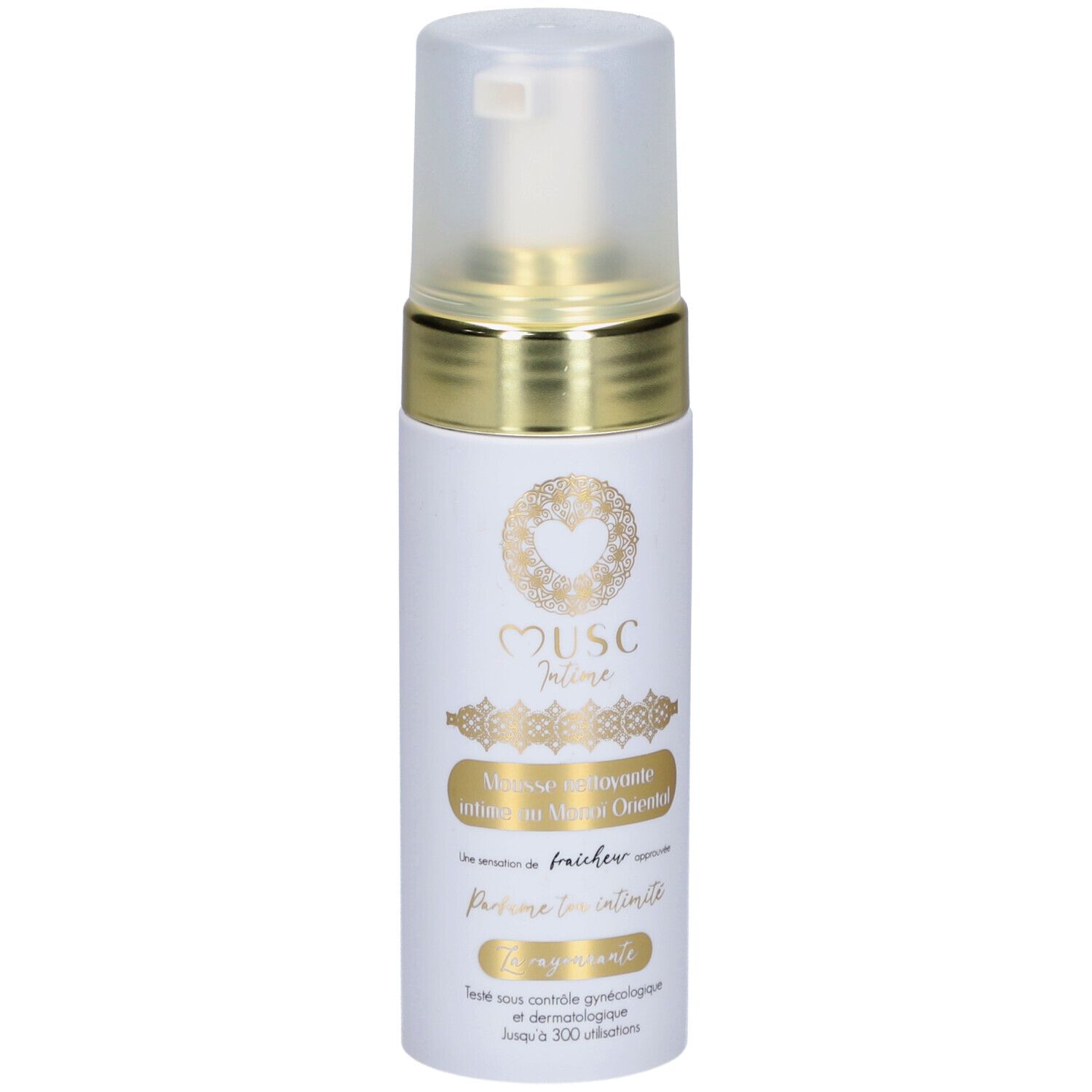 Flacon blanc avec bague dorée et bouchon. Inscription: Musc Intime, Mousse Nettoyante Intime Monoi Oriental.