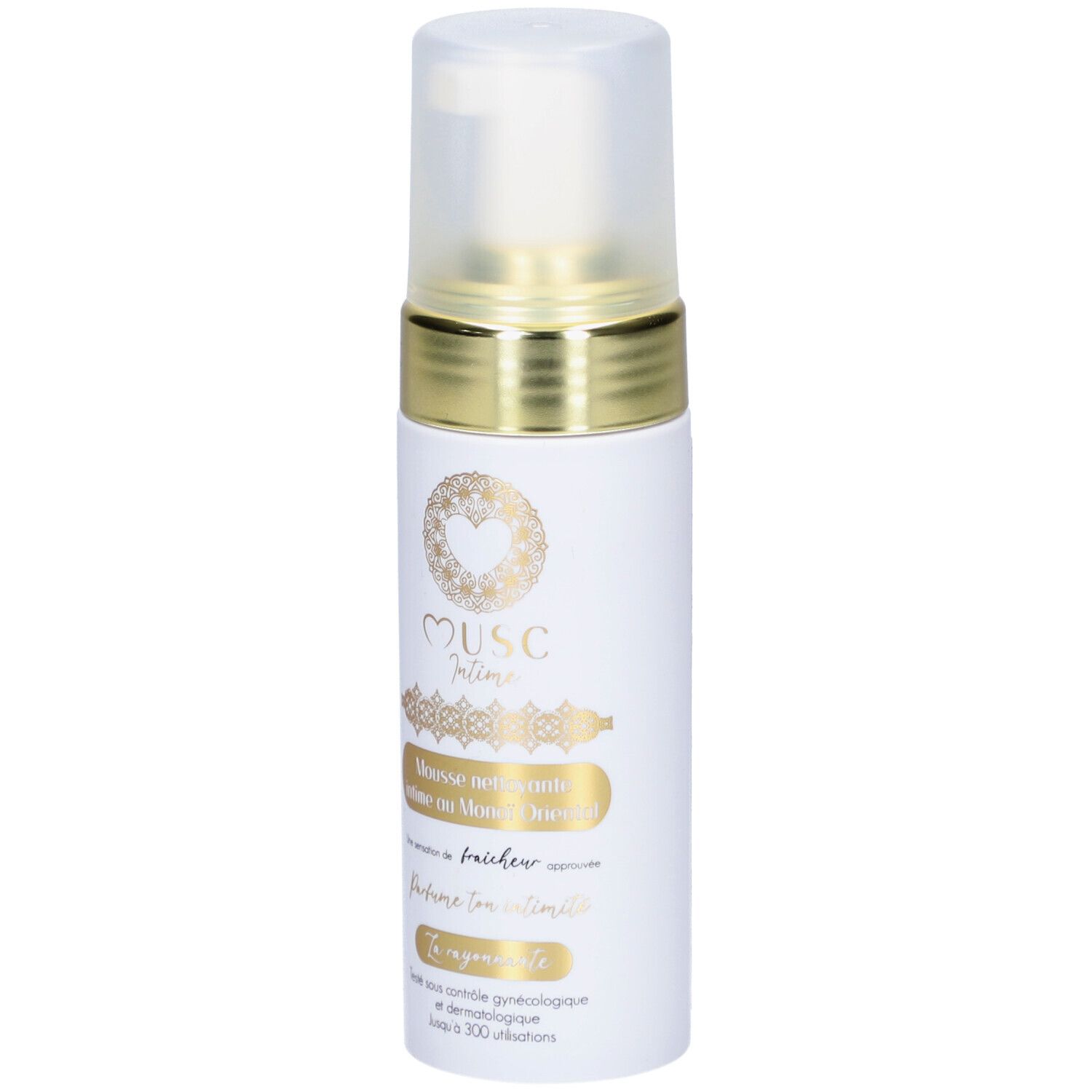 Flacon blanc avec bague dorée et bouchon. Inscription: Musc Intime, Mousse Nettoyante Intime Monoi Oriental.