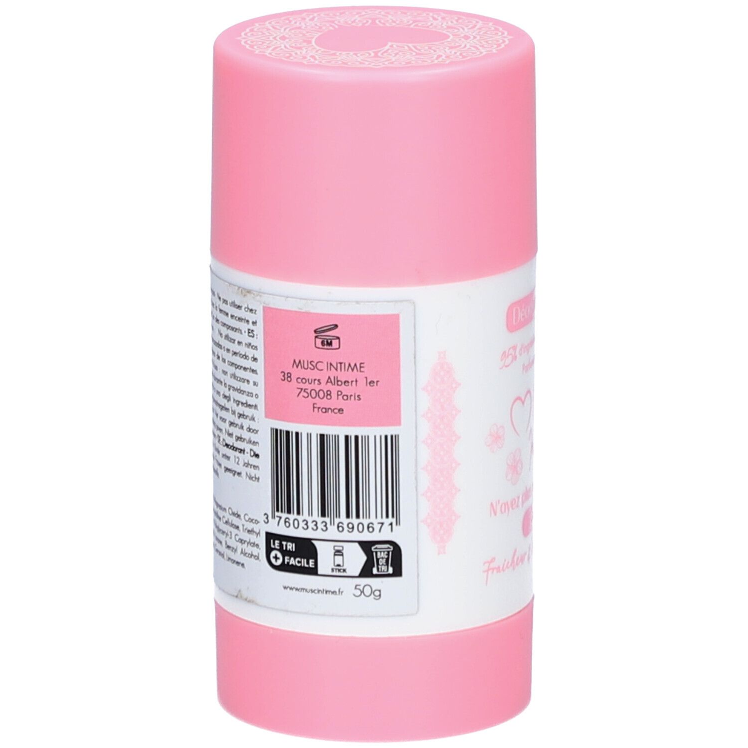 Stick de déodorant rose. Dos avec code-barres, adresse et texte: "Musc Intime".