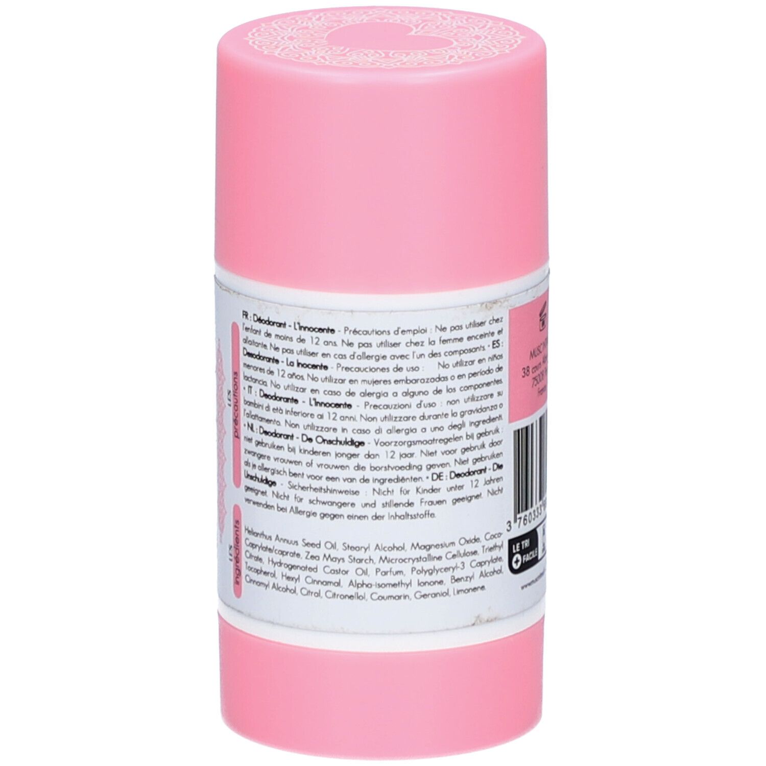 Stick de déodorant rose. Dos avec texte multilingue, ingrédients.