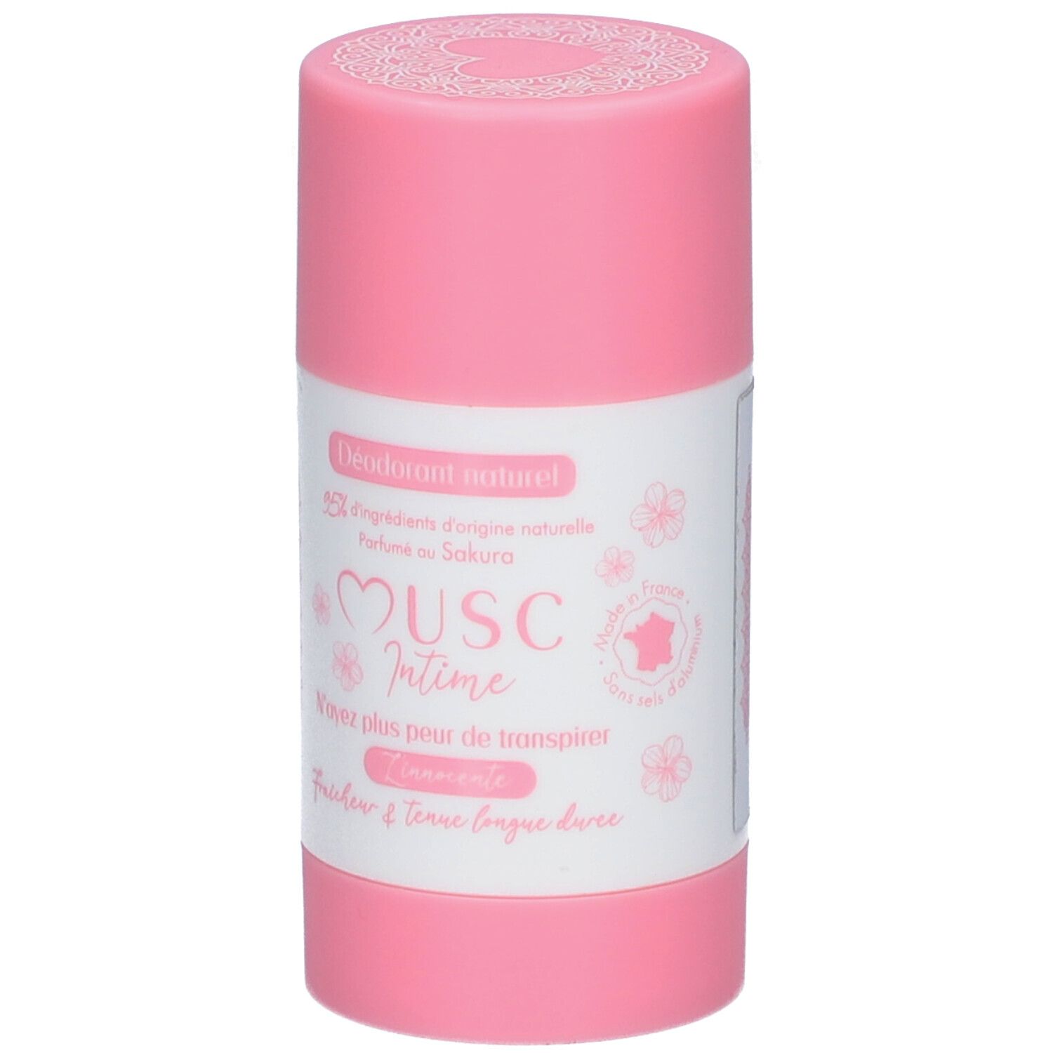 Stick de déodorant rose. Étiquette blanche avec texte: "Musc Intime", "Fleur de Sakura".