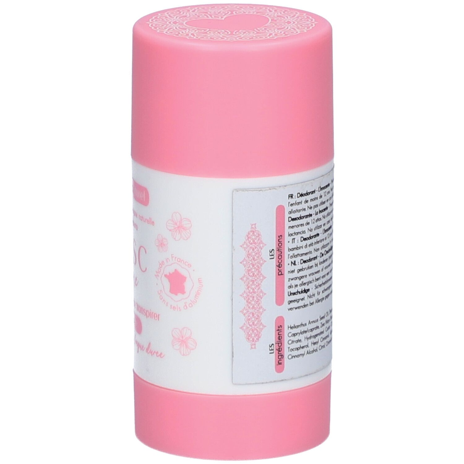 Stick de déodorant rose. Dos avec texte multilingue, ingrédients.