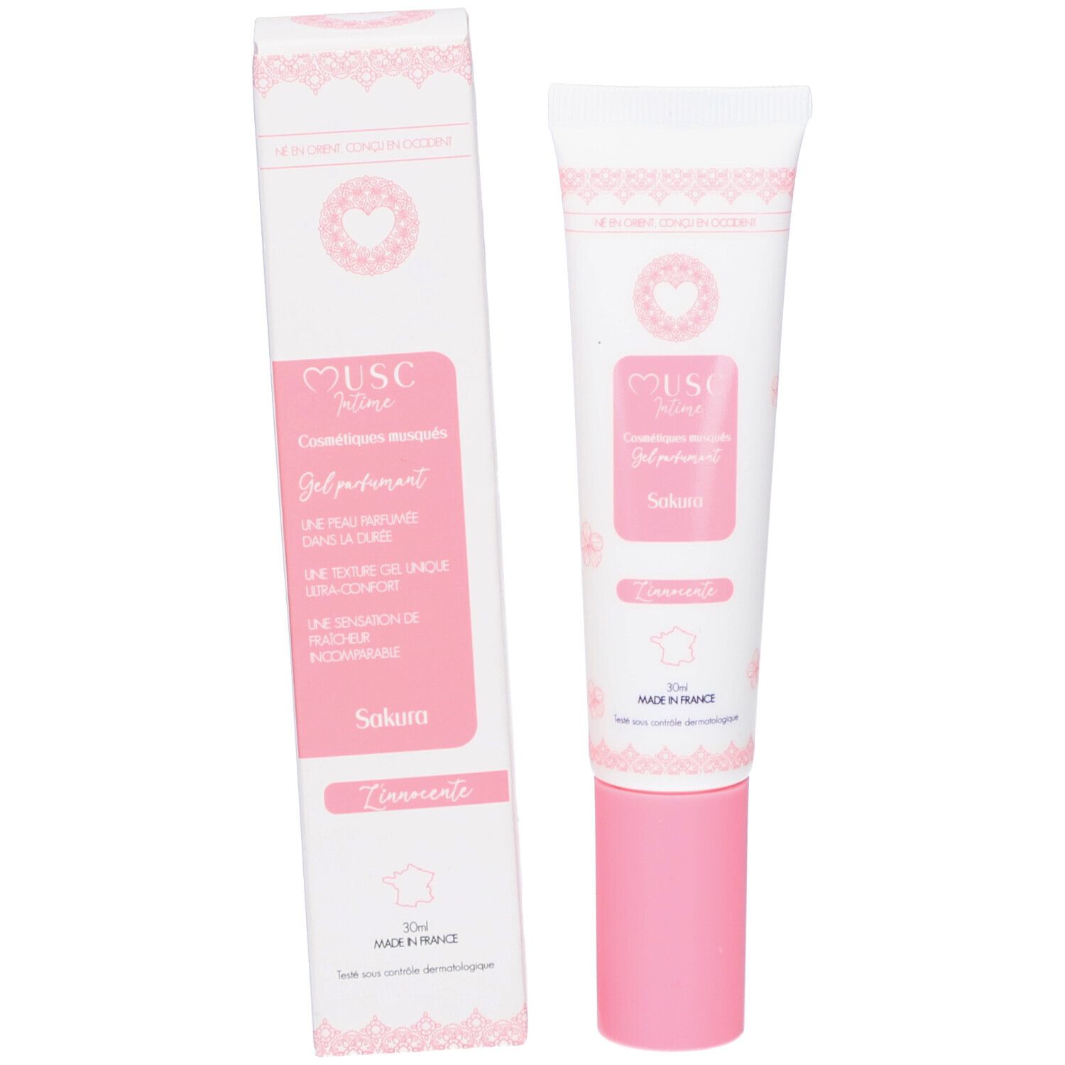 Emballage du produit. Tube et boîte. Inscriptions: Musc Intime, Gel Parfumant, Sakura. Rose floral.