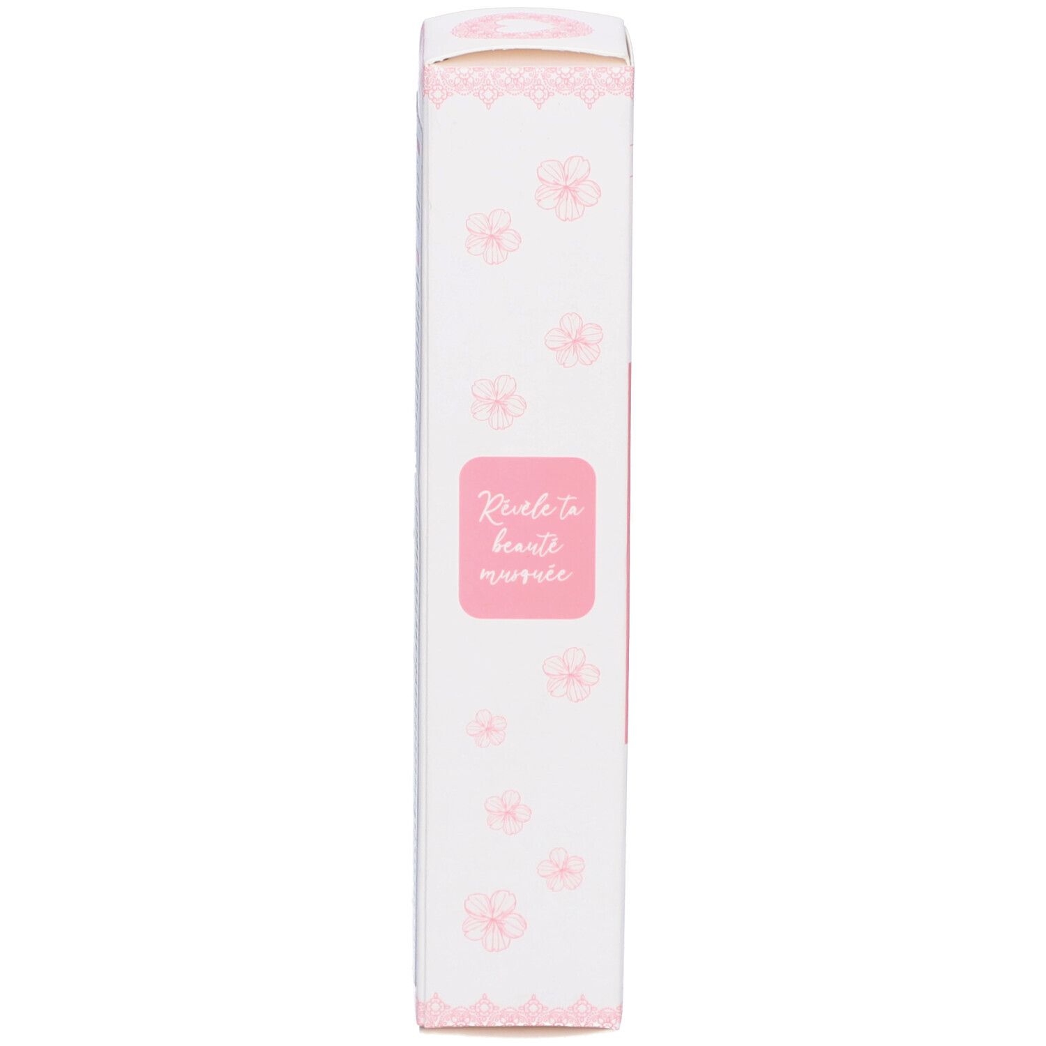 Boîte. Inscription: Révèle ta beauté intime. Motifs floraux roses.