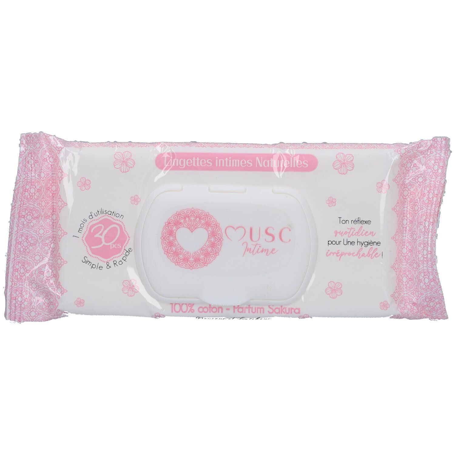 Paquet rose de lingettes intimes. Logo "Musc Intime". 30 lingettes, 100% coton, parfum Sakura. Fermeture adhésive.