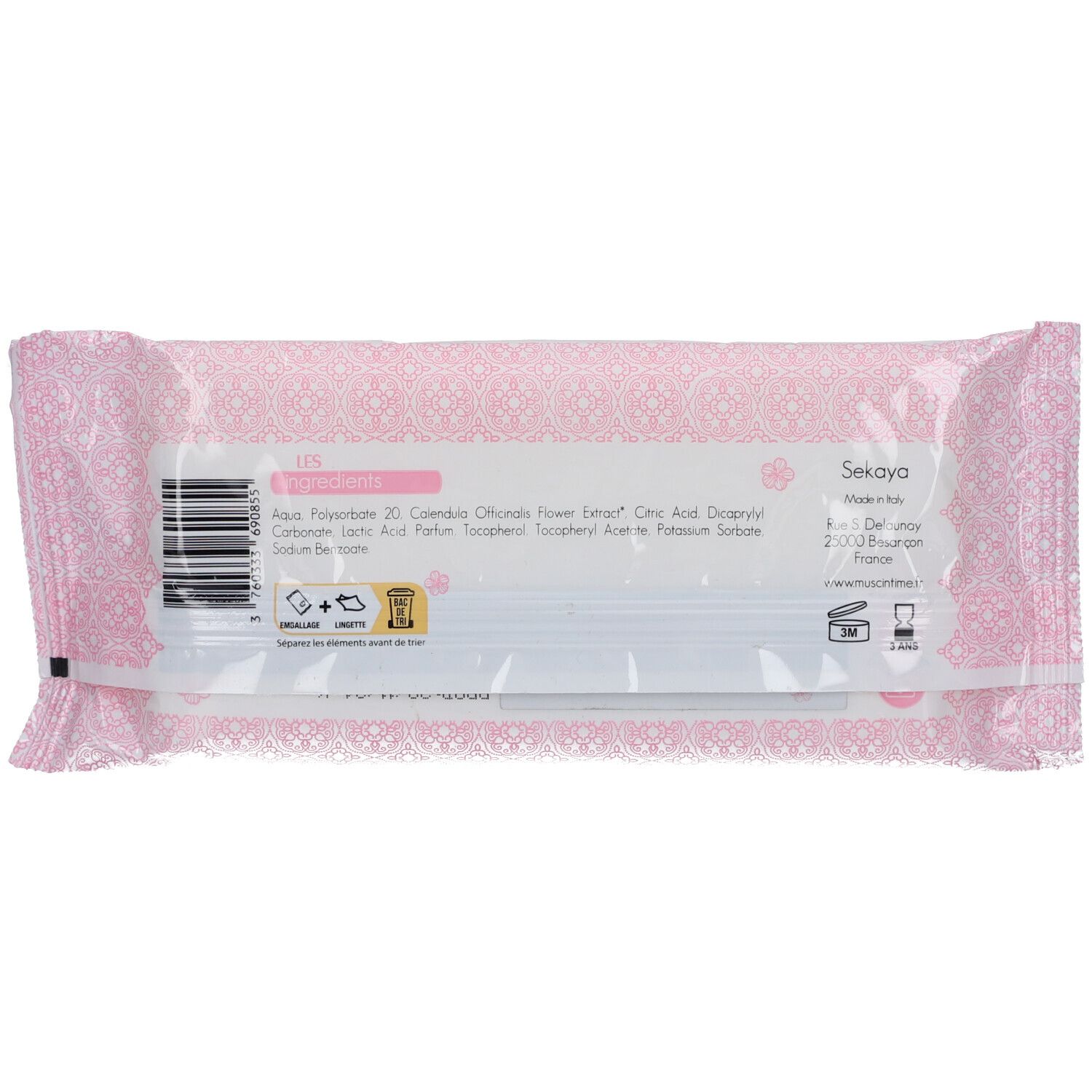 Dos du paquet rose. Ingrédients, informations fabricant et symboles de recyclage.