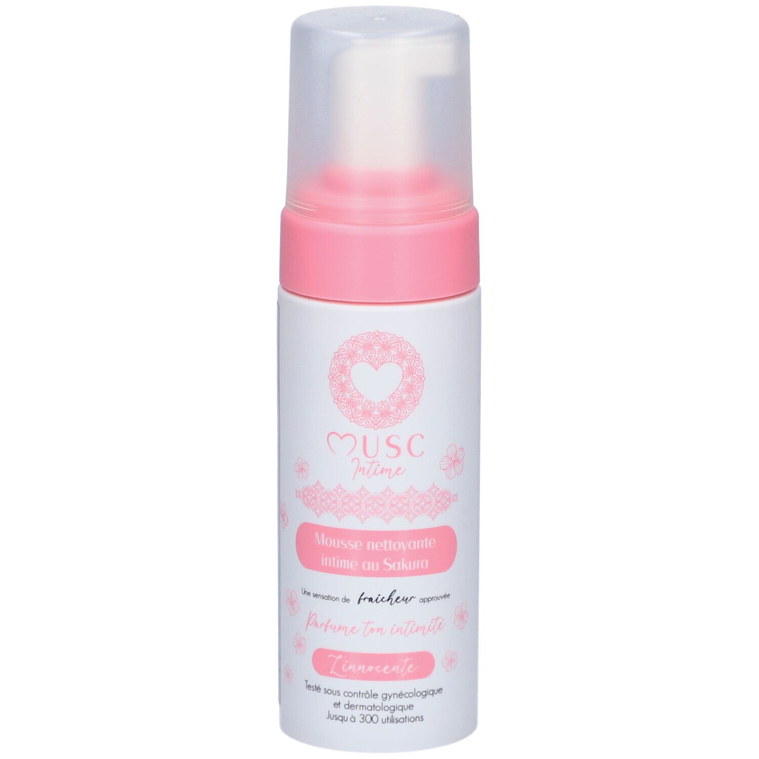 Flacon blanc et rose avec pompe. Texte: Musc Intime, Mousse nettoyante intime au Sakura. Testé dermatologiquement.