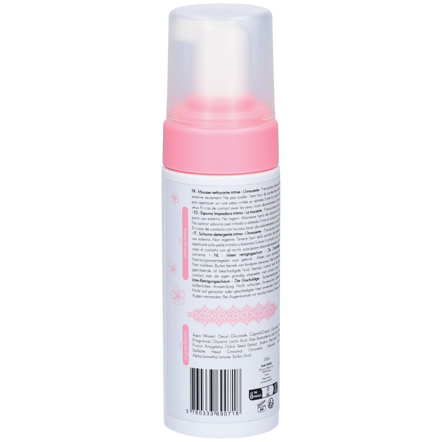 Dos du flacon. Texte multilingue. Ingrédients, mode d'emploi. Motifs floraux roses.