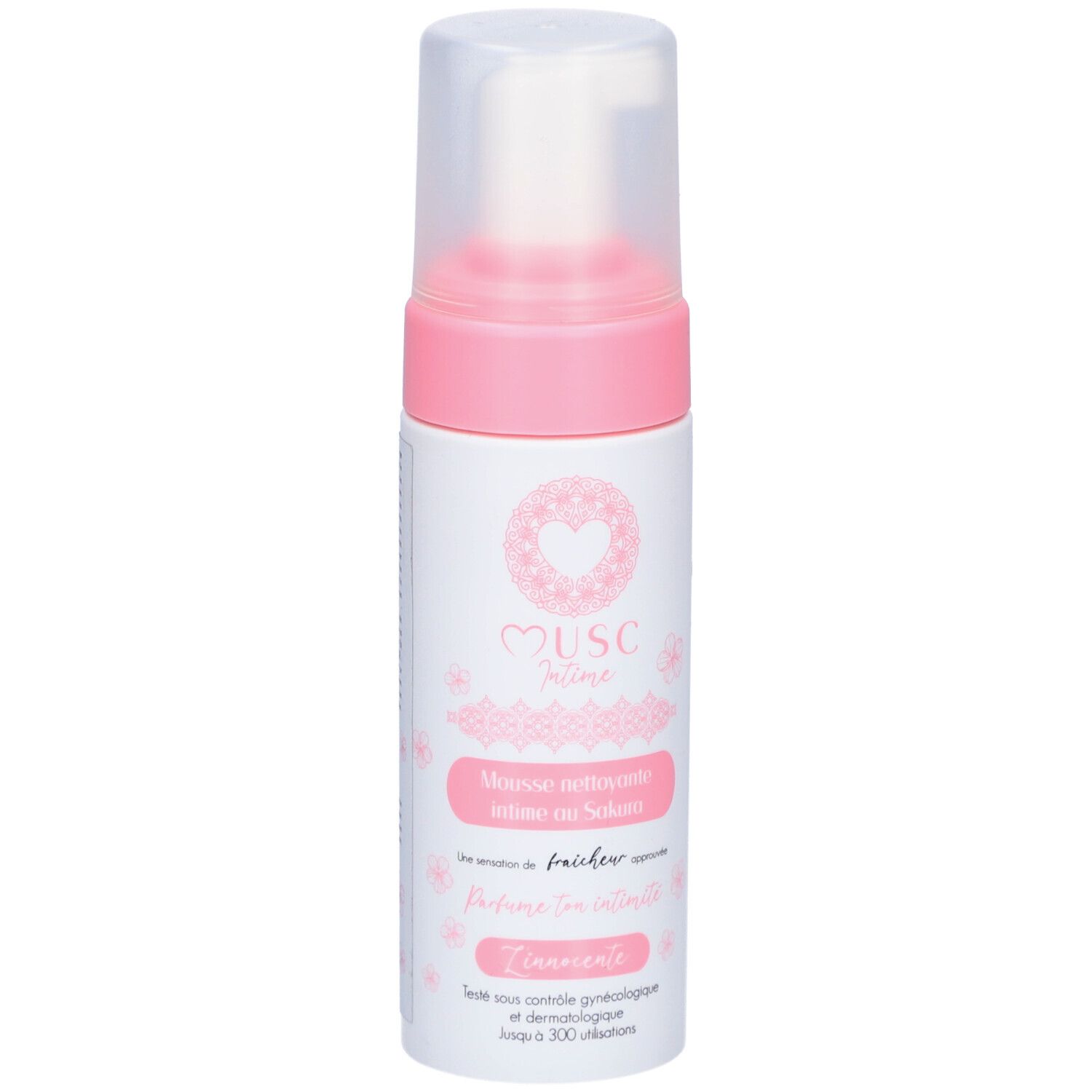 Flacon blanc et rose avec pompe. Texte: Musc Intime, Mousse nettoyante intime au Sakura. Testé dermatologiquement.