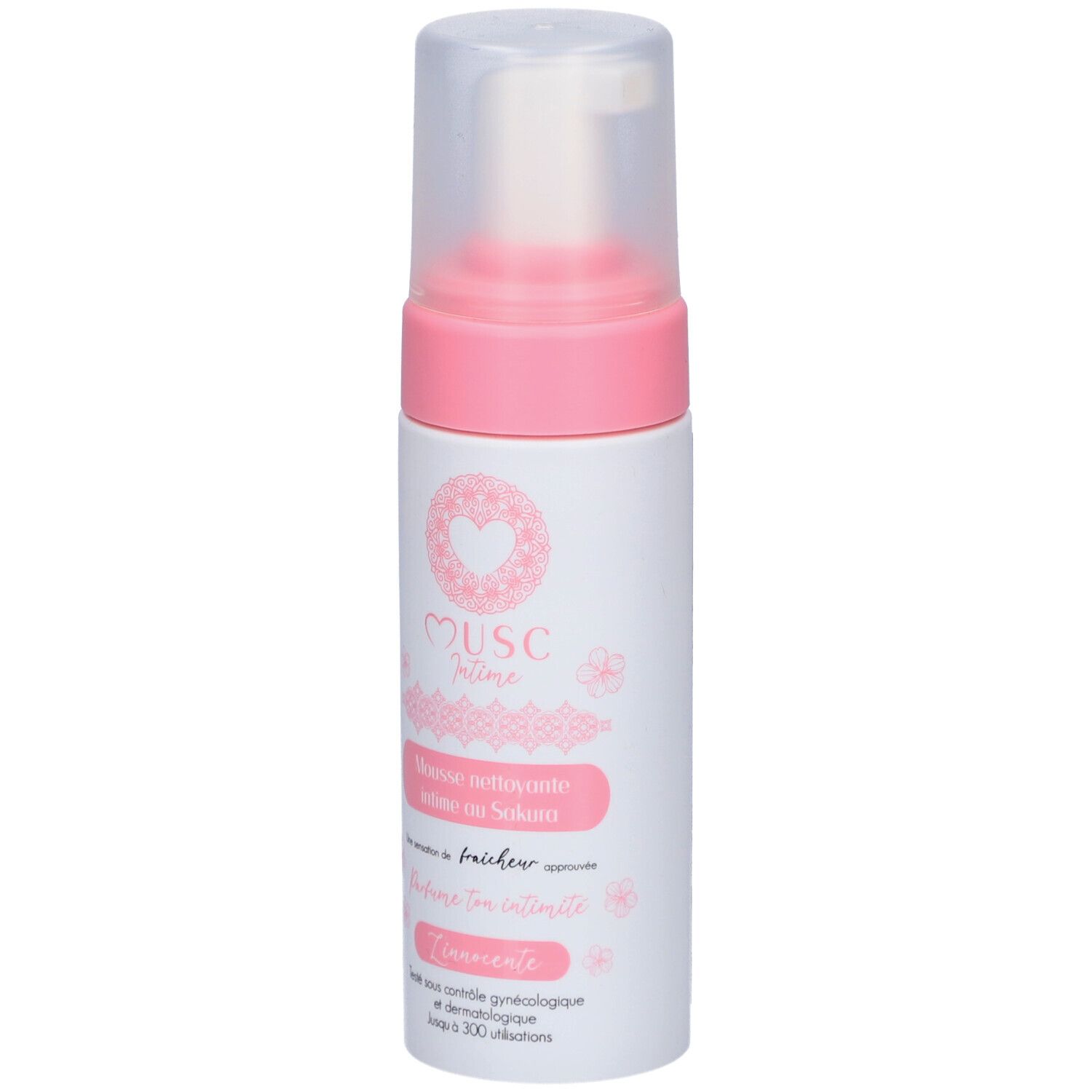 Flacon blanc et rose avec pompe. Texte: Musc Intime, Mousse nettoyante intime au Sakura. Testé dermatologiquement.