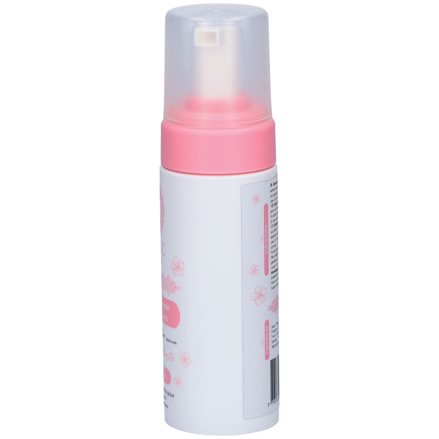 Côté du flacon. Texte et motifs floraux roses. Tête de pulvérisation transparente.