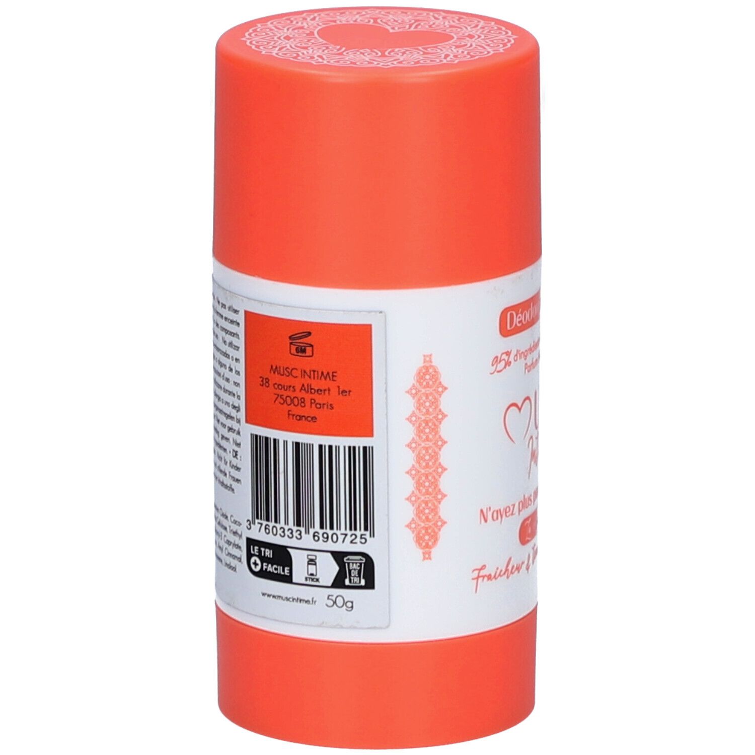 Stick de déodorant. Vue arrière. Récipient orange avec étiquette blanche. Texte: Musc Intime, adresse, code-barres, 50g.