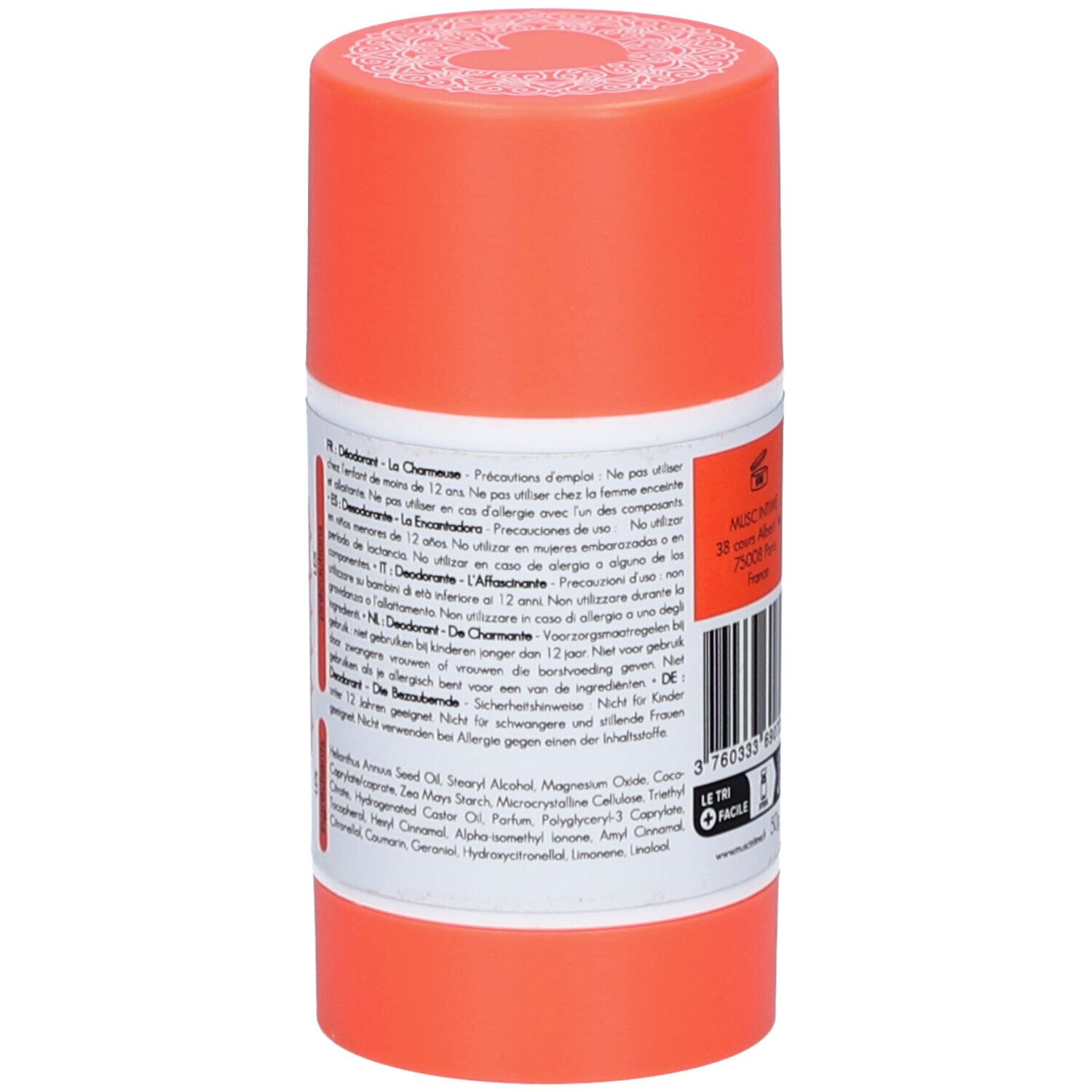 Stick de déodorant. Vue arrière. Récipient orange avec étiquette blanche. Texte: Précautions, ingrédients. Inscription française.