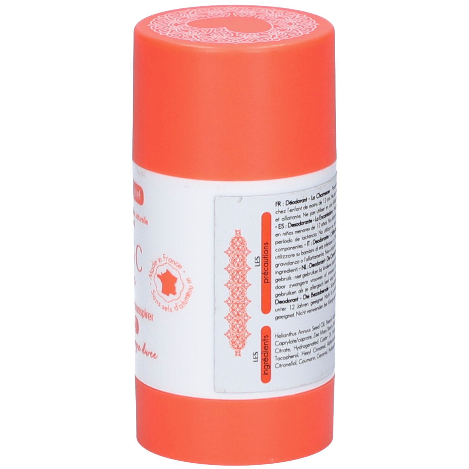 Stick de déodorant. Vue arrière. Récipient orange avec étiquette blanche. Texte: Musc Intime, ingrédients. Inscription française.