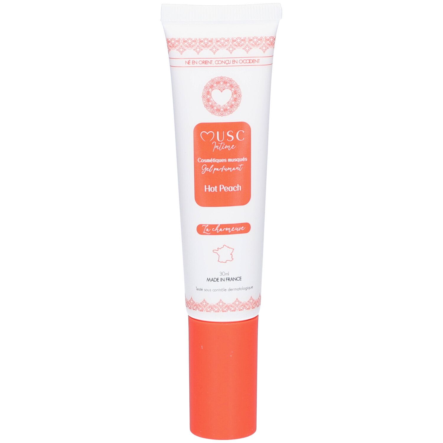 Tube blanche et orange. Inscription: MUSC Intime, Gel parfumant, Hot Peach. Avec bouchon orange.