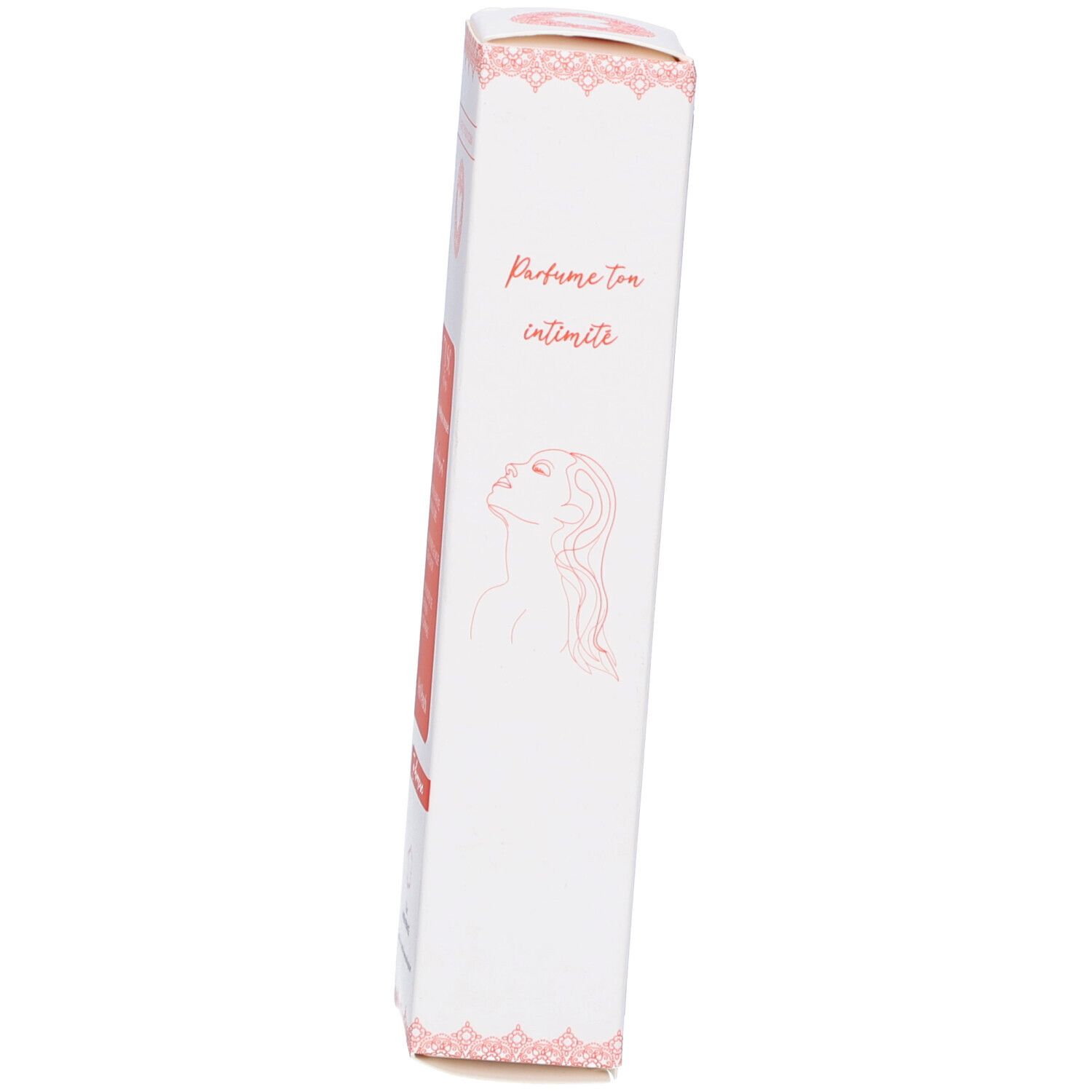Emballage du produit. Blanc avec pointe rose. Texte: Parfume ton intimité. Illustration d'une femme.