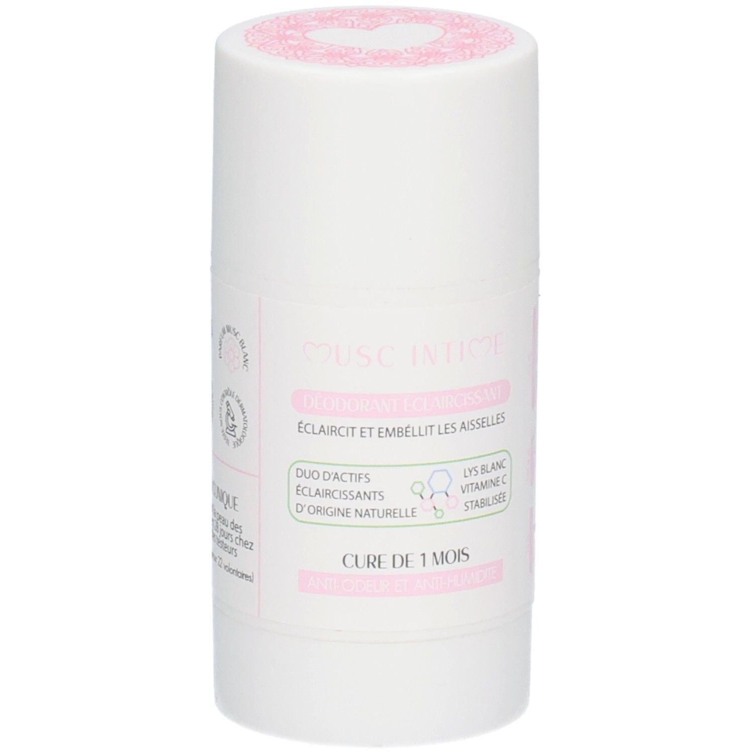 Contenant cylindrique blanc avec couvercle rose. Étiquette avec texte: Duo actifs éclaircissants, Lys blanc vitamine C stabilisée. Nom du produit non visible.