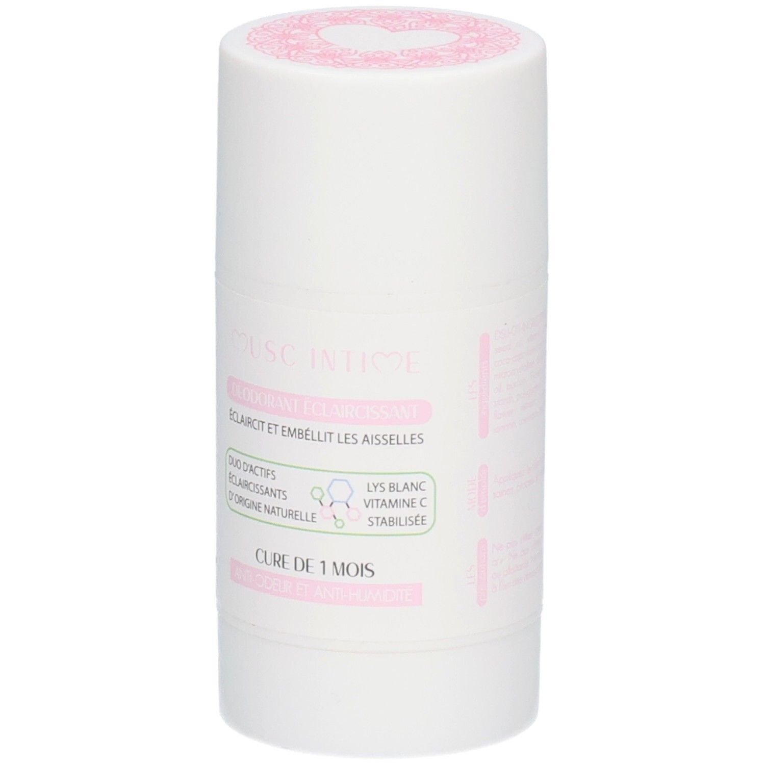 Contenant cylindrique blanc avec couvercle rose. Étiquette avec texte: Duo actifs éclaircissants, Lys blanc vitamine C stabilisée. Nom du produit non visible.